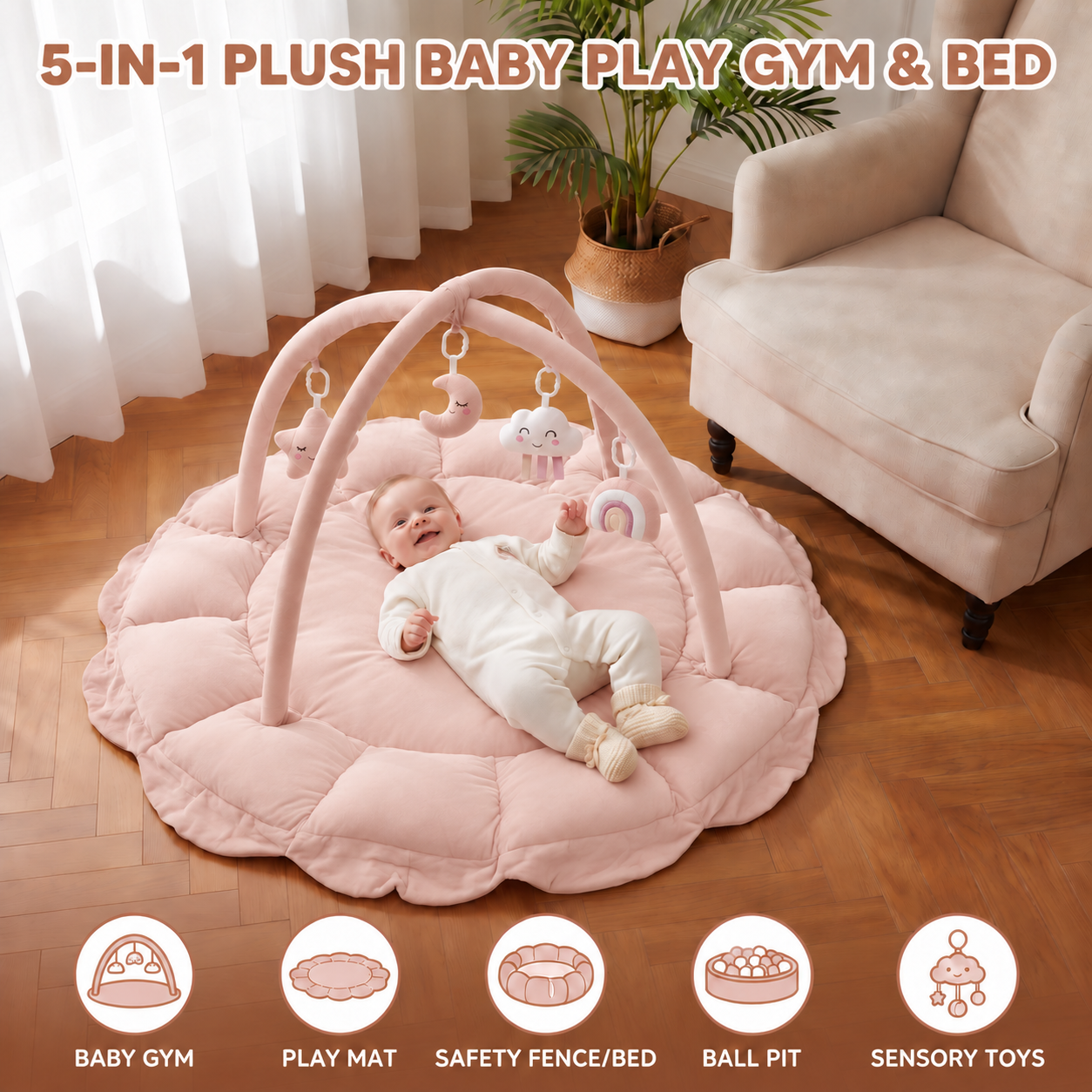5-in-1 Plush Baby Play Gym, Activity Mat & Bed with Hanging Toys