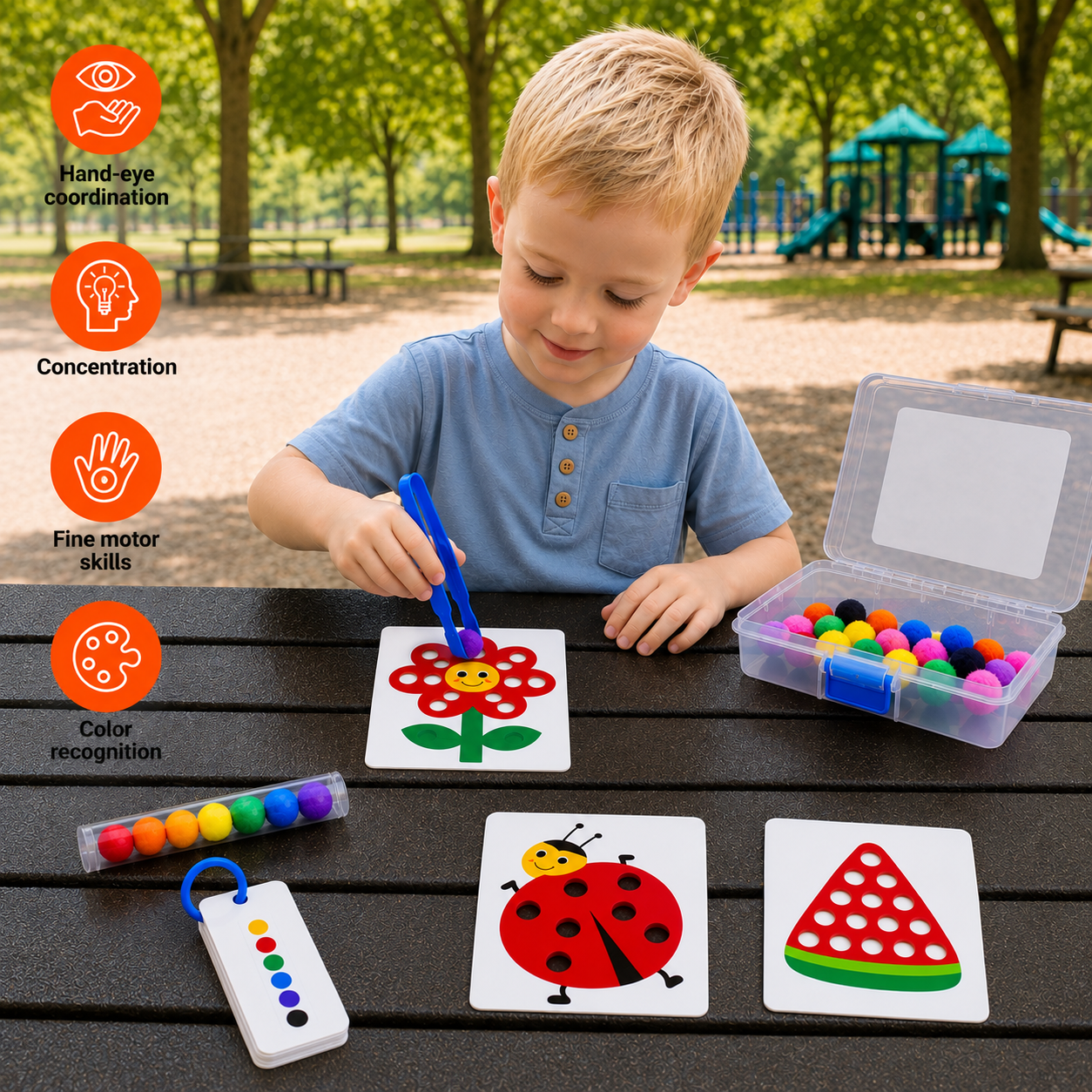 Montessori Pom-Pom Color & Numbers Learning Game for Fine Motor Skills