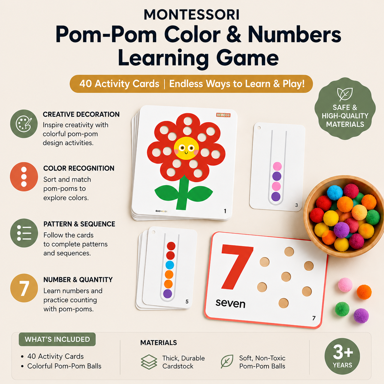 Montessori Pom-Pom Color & Numbers Learning Game for Fine Motor Skills