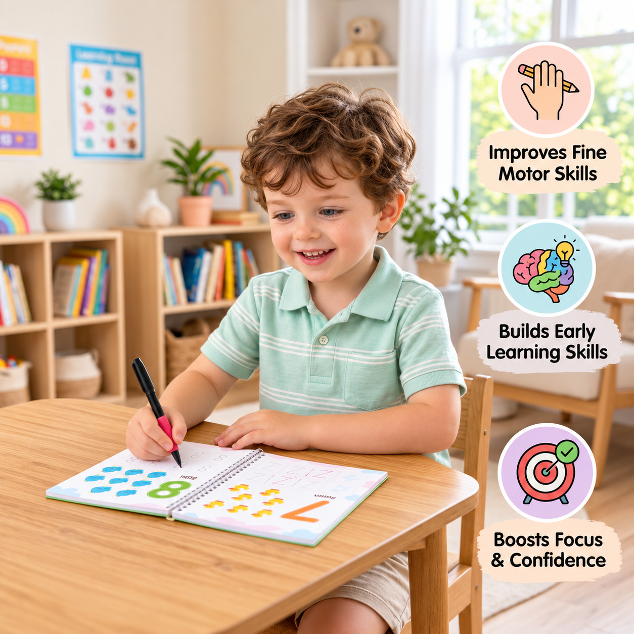 Magic Reusable Grooved Handwriting Practice Books with Disappearing Ink Pens