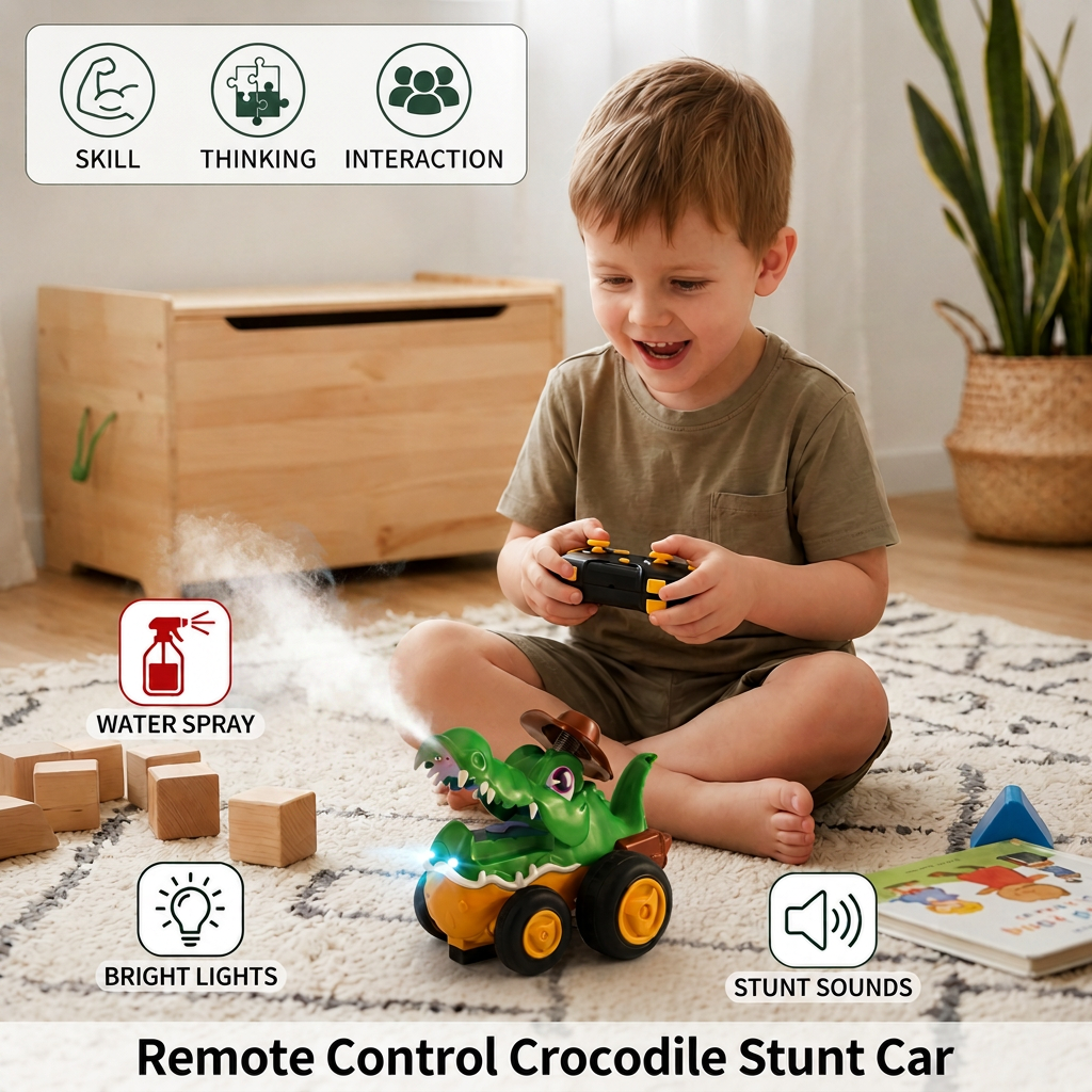 Remote Control Crocodile Stunt Car – Lights, Spray & Sound Effects