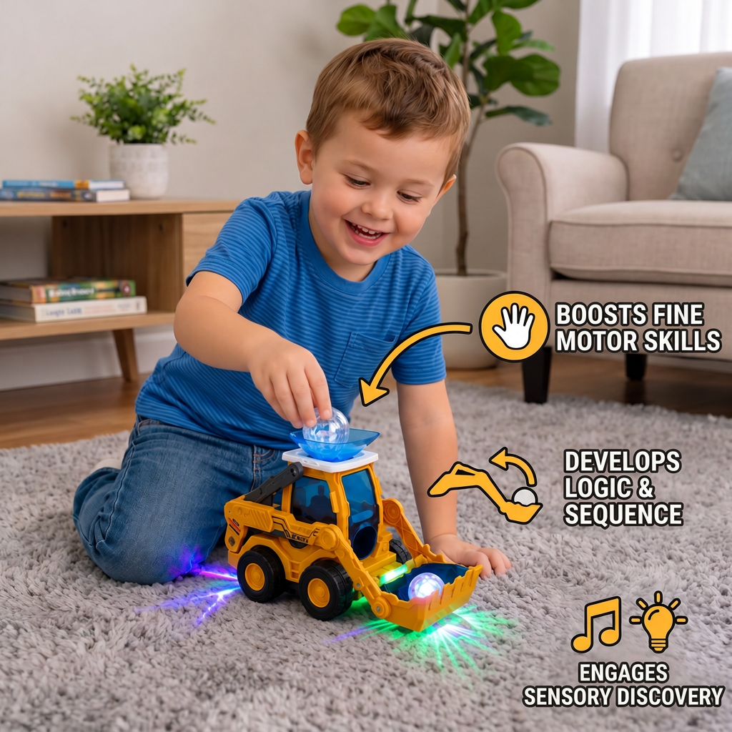 Musical Light-Up Excavator Toy with Continuous Ball Scooping Action