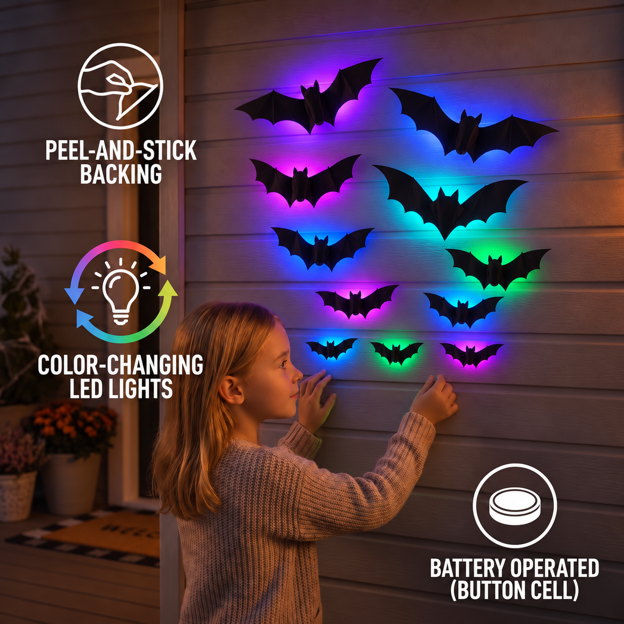 3D LED Halloween Bat Wall Decoration with Color-Changing Lights