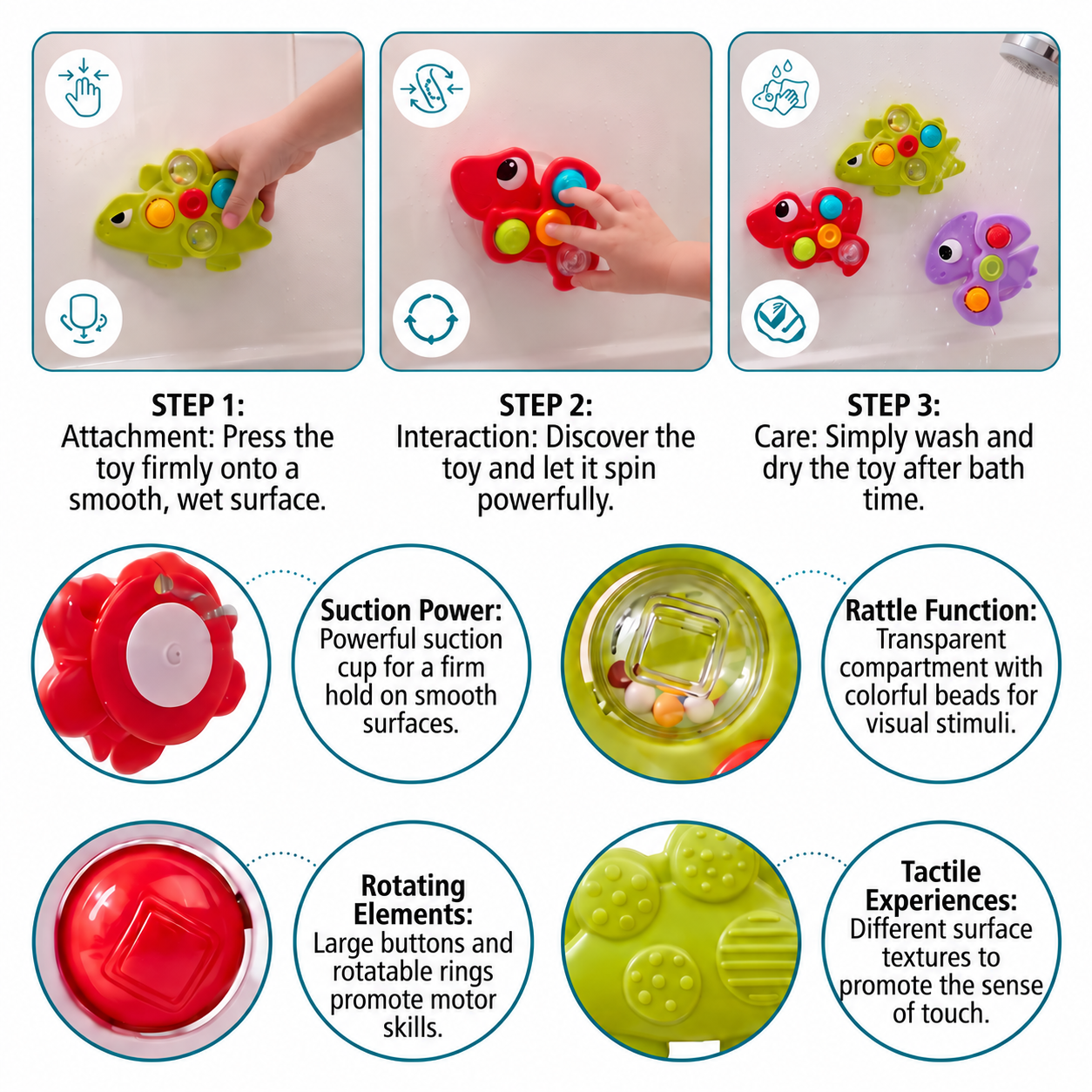 Dinosaur Suction Cup Spinner Toy for Babies & Toddlers Set of 3