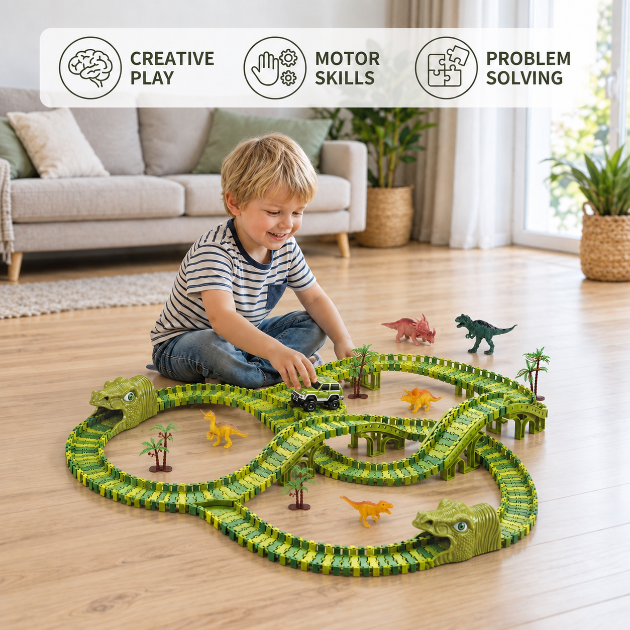215-Piece Dinosaur Race Track Set with Motorized Cars, Bridge & Dinosaur Figures