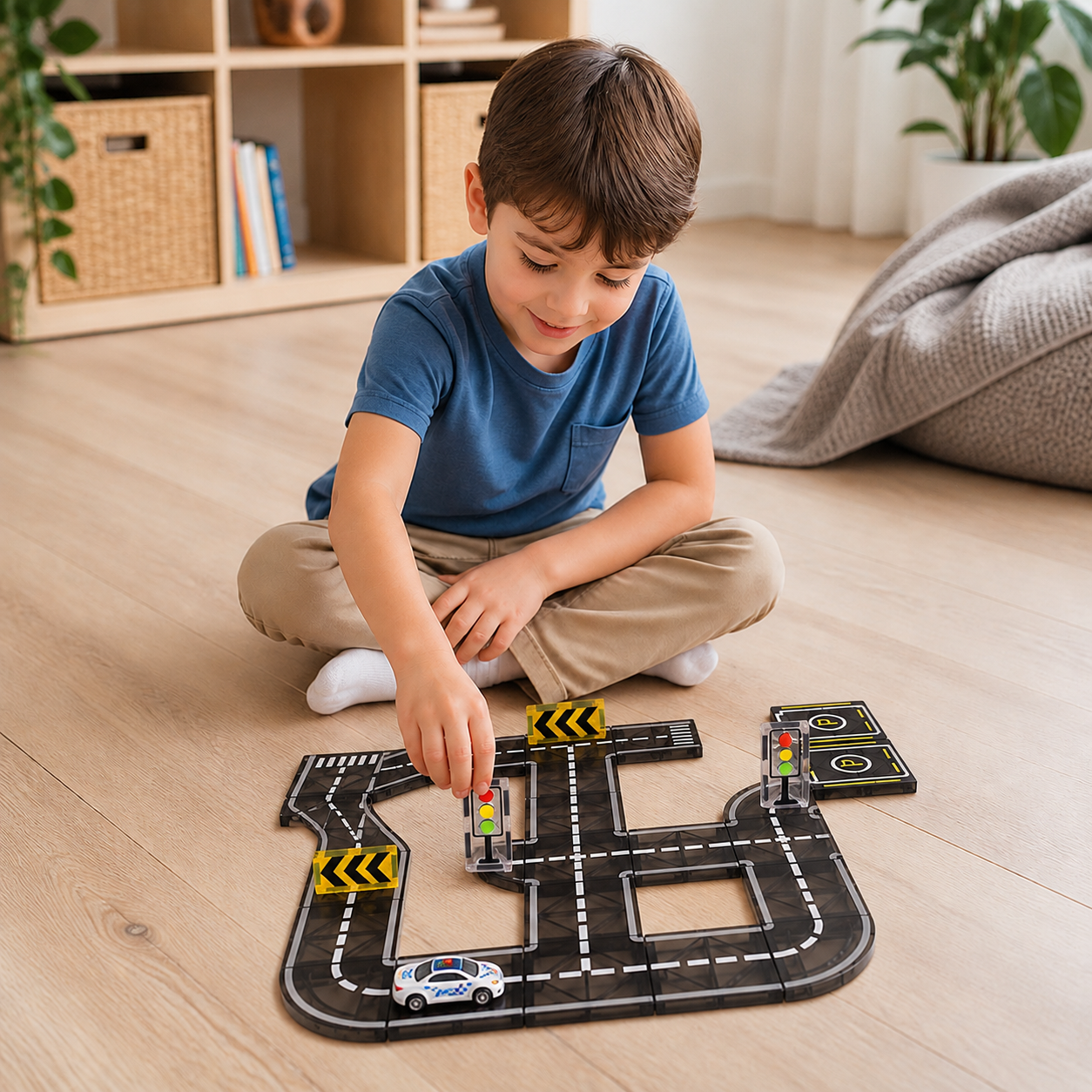 Magnetic Tiles & Building Blocks Set with Roads & Traffic Lights