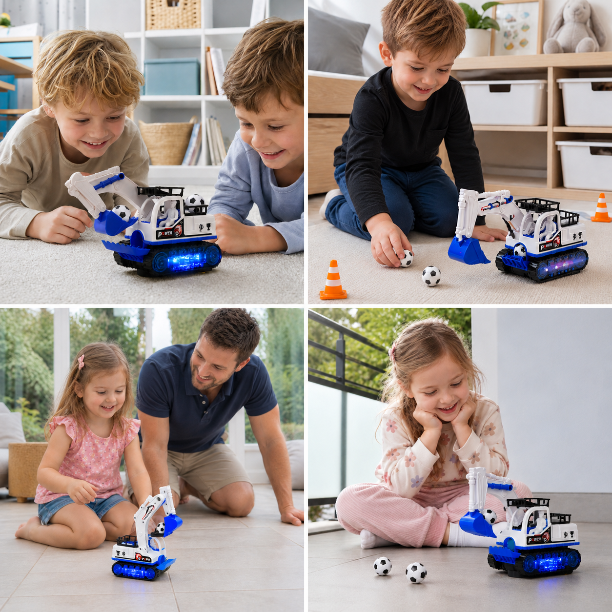 Musical Excavator Toy with Automatic Soccer Ball Scooping & LED Lights