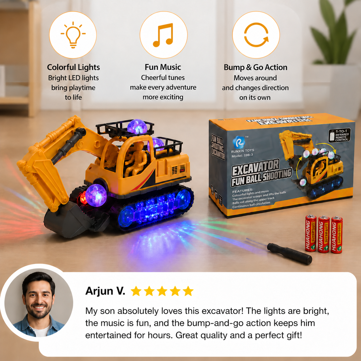 Electric Excavator Toy with Disco Ball, Music & Bump-and-Go Action