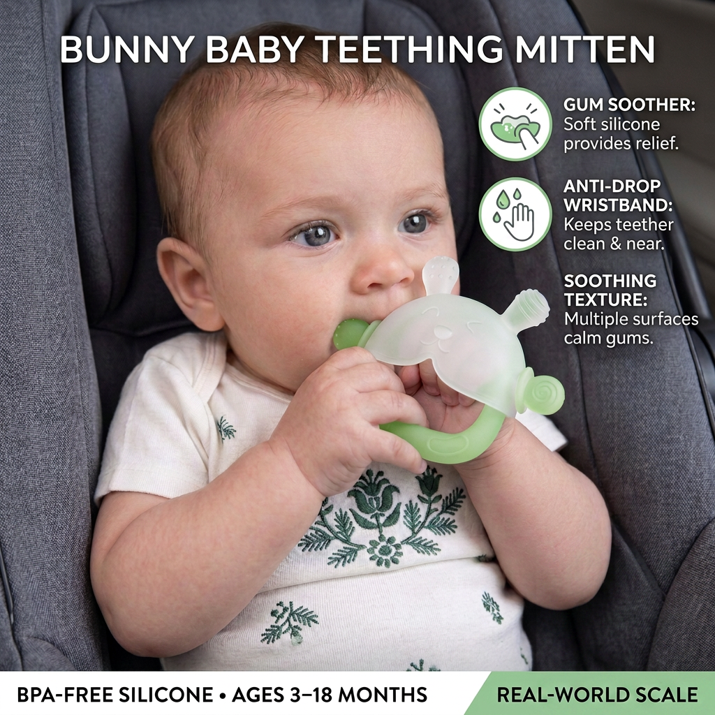 Bunny Baby Teething Mitten – Soft BPA-Free Silicone Gum Soother with Anti-Drop Wristband (3–18 Months)