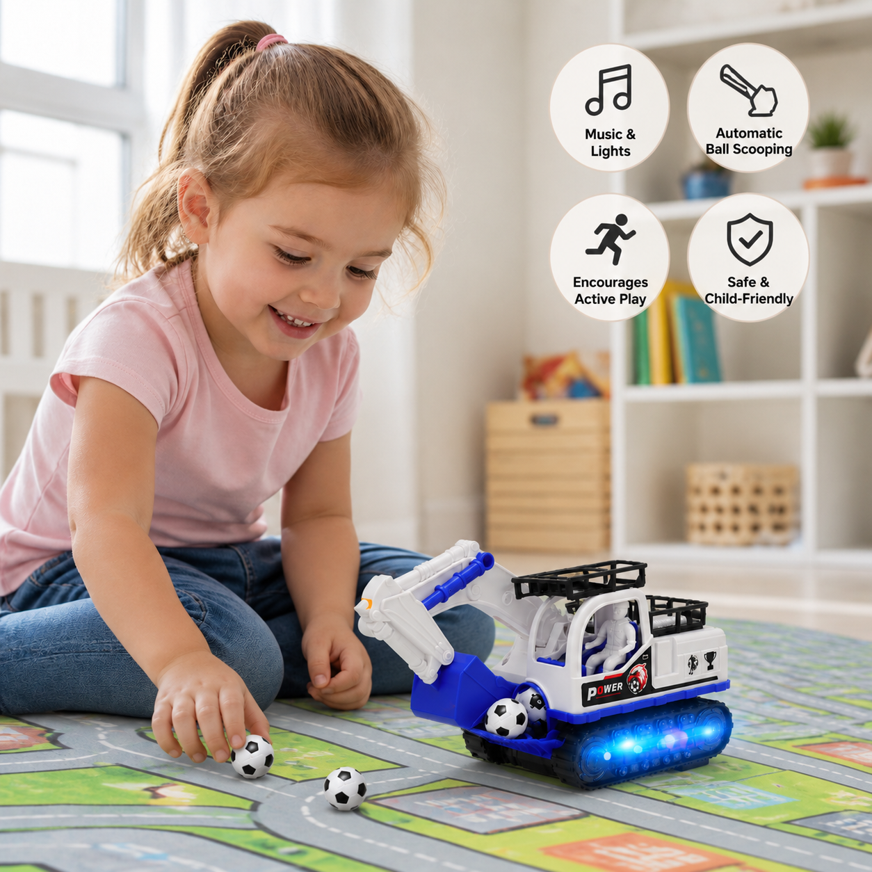 Musical Excavator Toy with Automatic Soccer Ball Scooping & LED Lights