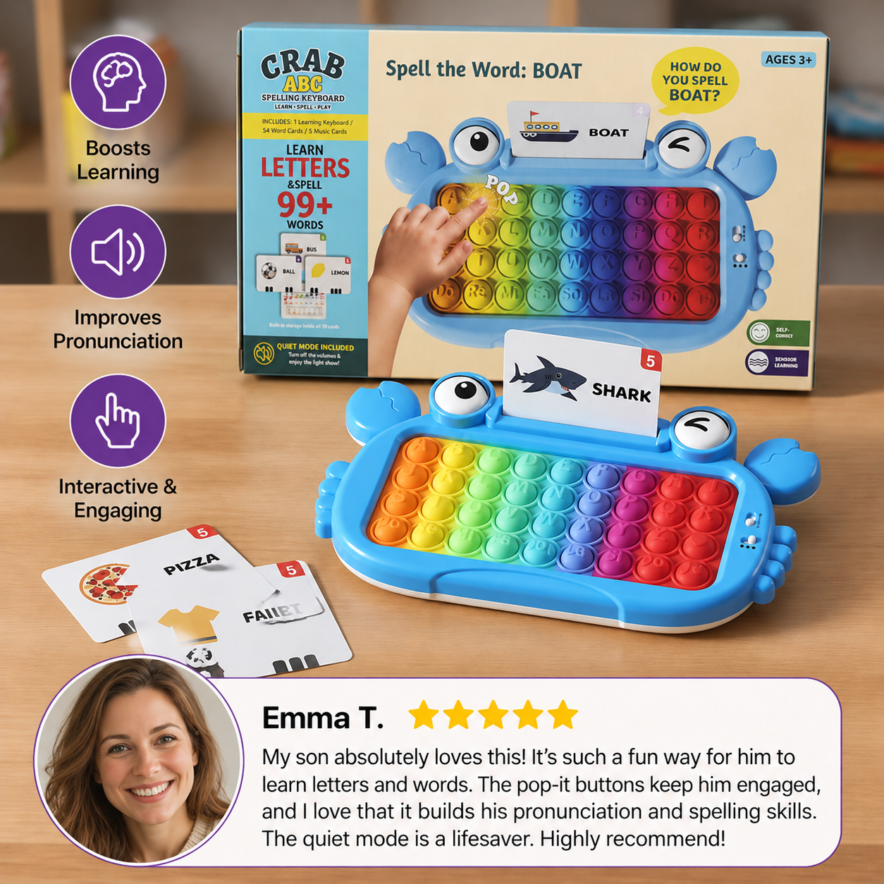 Interactive Talking Flash Card Learning Tablet with Pop-It Keyboard, Spelling & Phonics Games