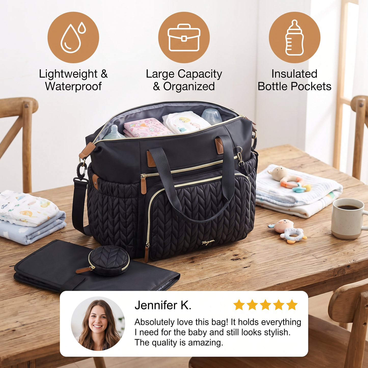 Lightweight Waterproof Diaper Tote Bag – Large Capacity with Changing Pad & Pacifier Case
