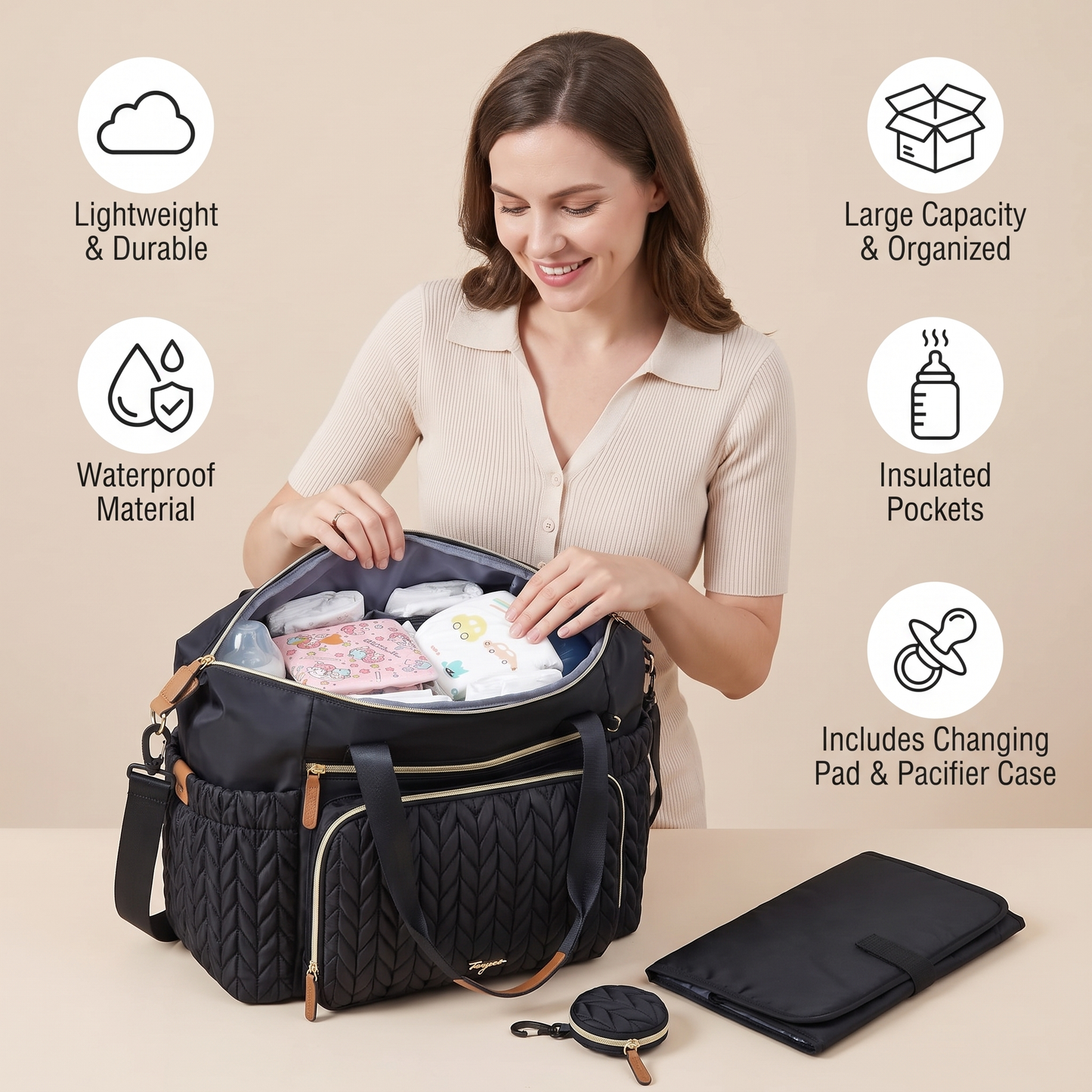 Lightweight Waterproof Diaper Tote Bag – Large Capacity with Changing Pad & Pacifier Case