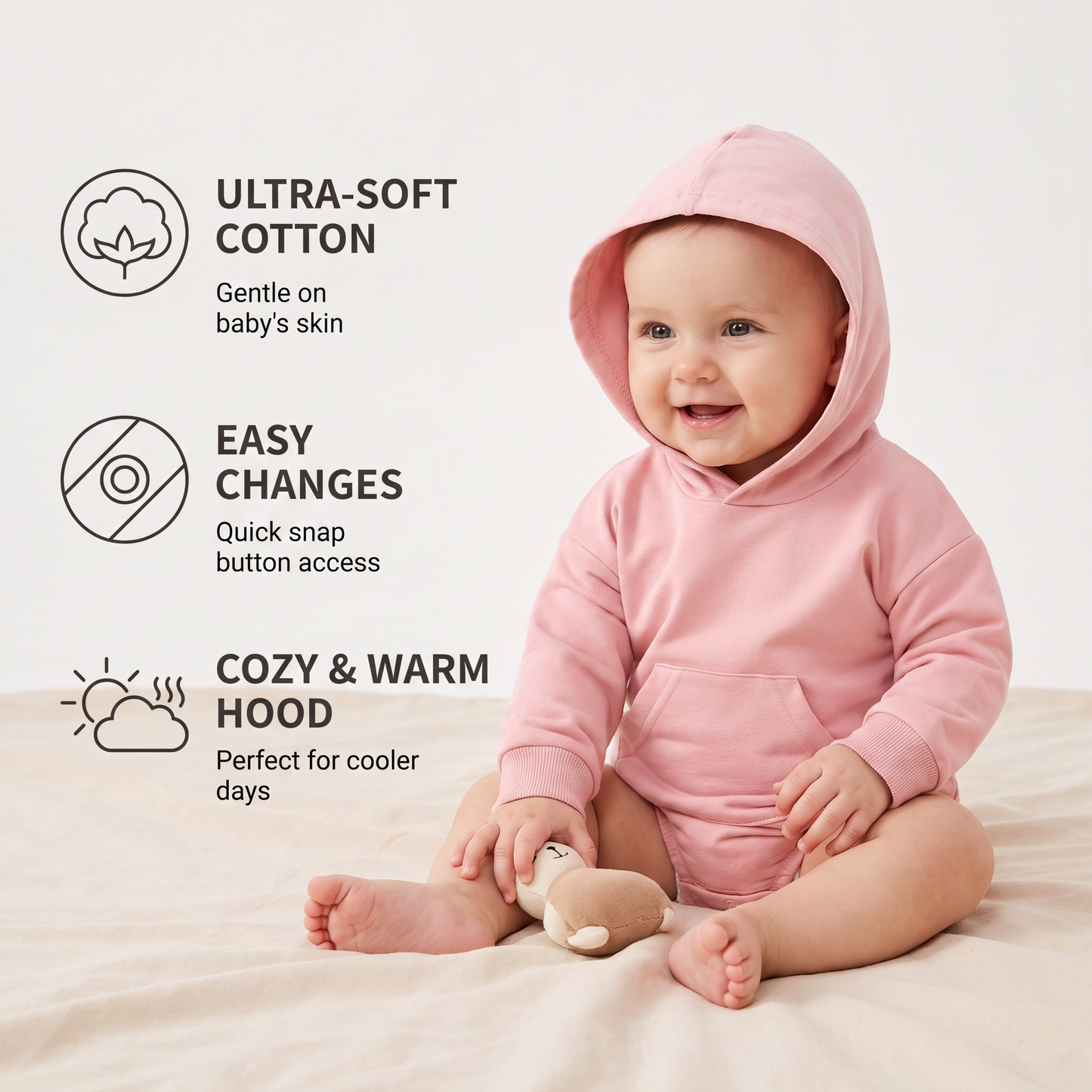 Hooded Baby Romper – Soft Long Sleeve Onesie with Front Pocket