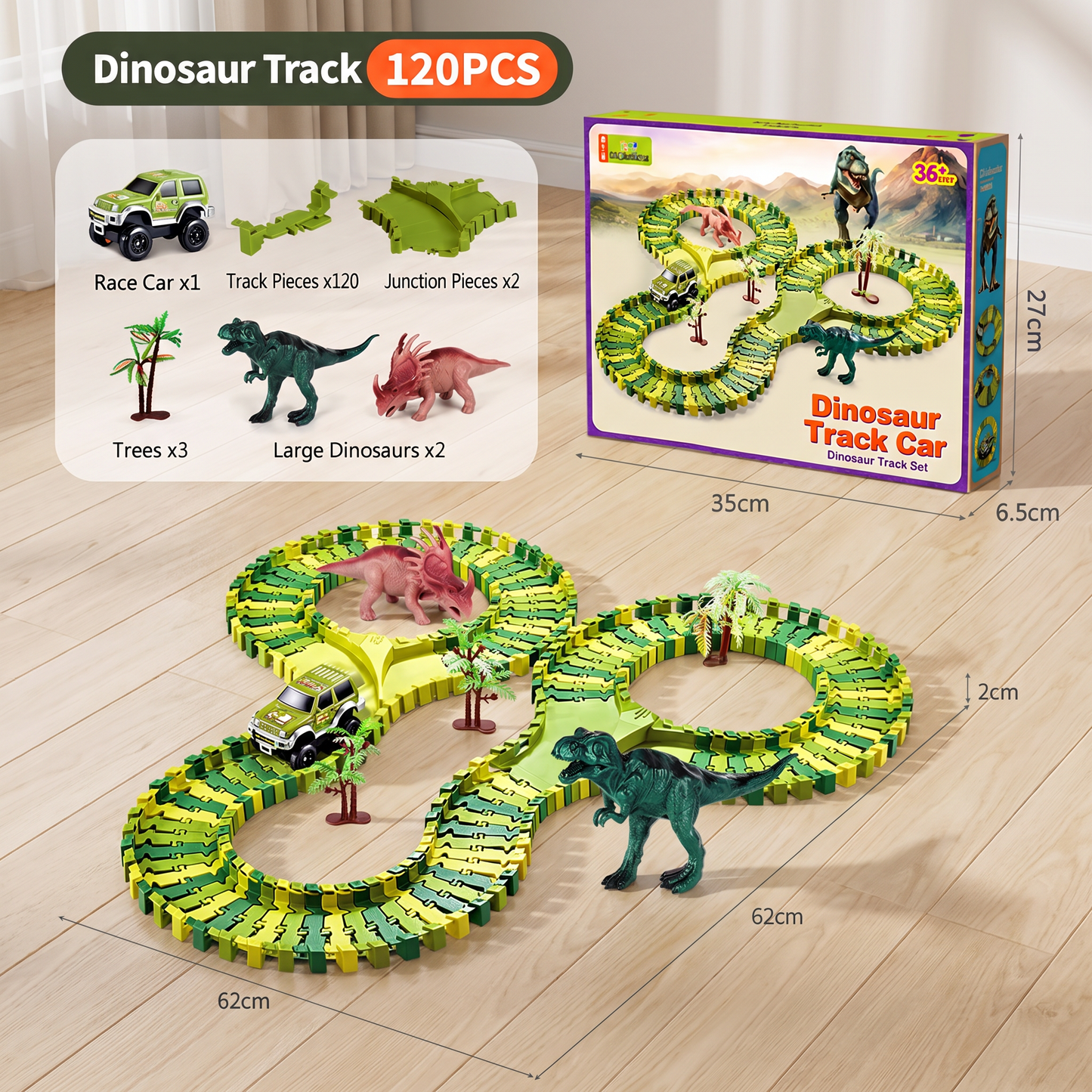215-Piece Dinosaur Race Track Set with Motorized Cars, Bridge & Dinosaur Figures