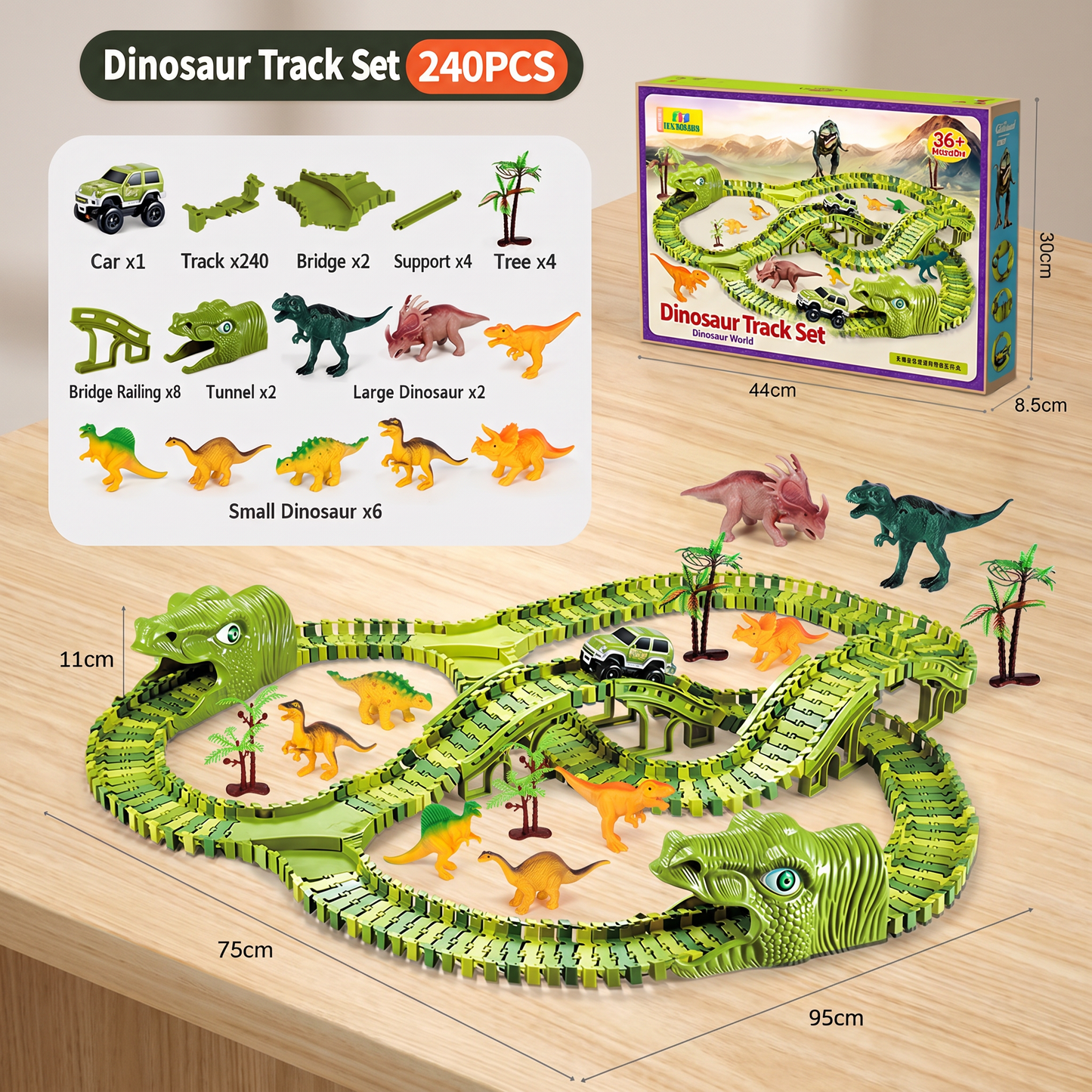 215-Piece Dinosaur Race Track Set with Motorized Cars, Bridge & Dinosaur Figures