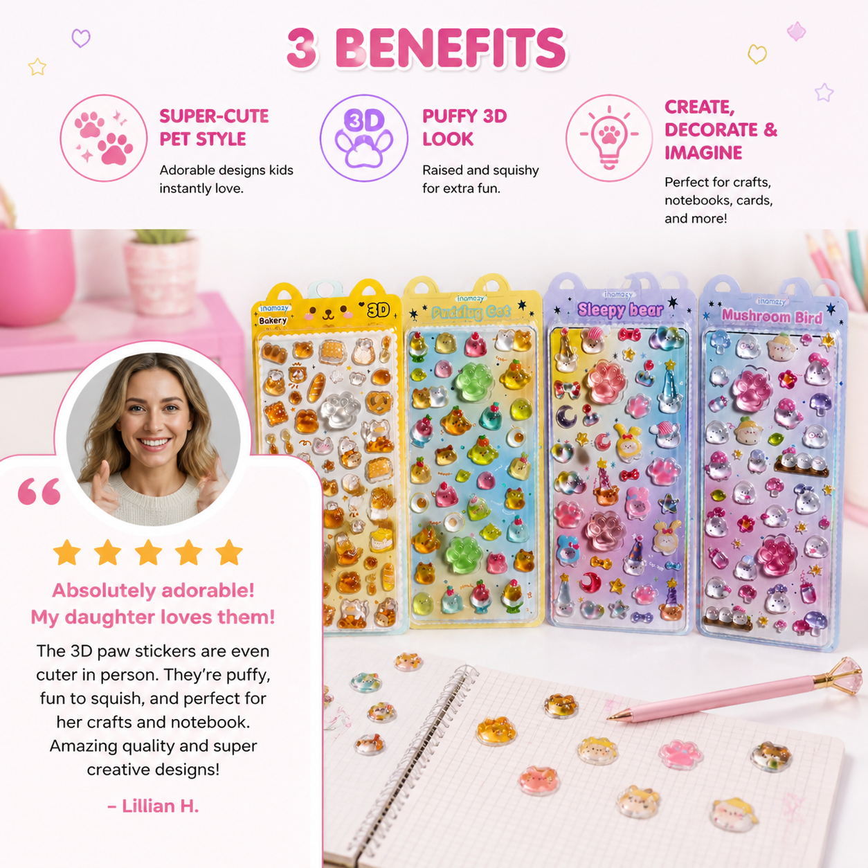 3D Squishy Pet Paw Stickers – Cute Puffy Stickers for Kids