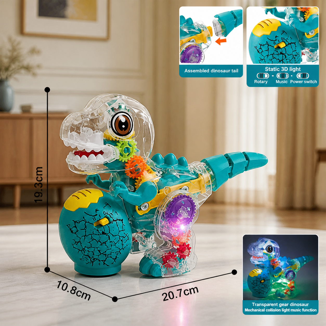 Interactive Light-Up Gear Dinosaur Toy with Music & Walking Action
