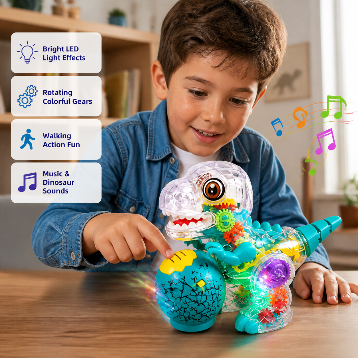Interactive Light-Up Gear Dinosaur Toy with Music & Walking Action