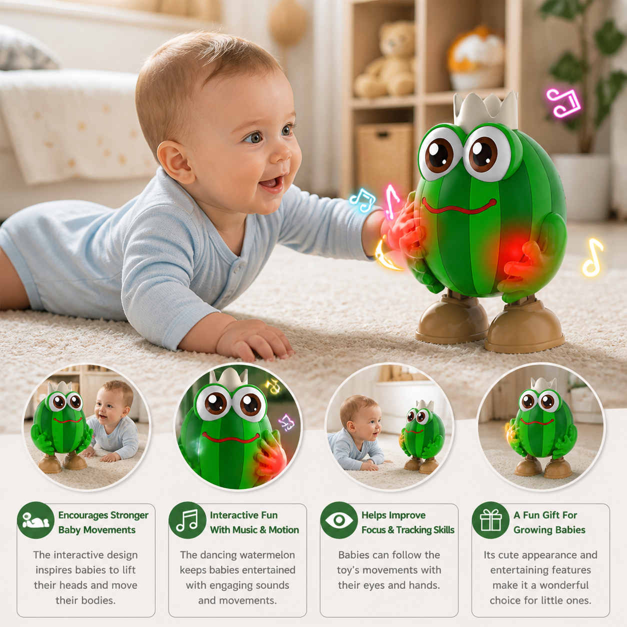 Dancing Watermelon Head-Up Tummy Time Toy with Lights & Music