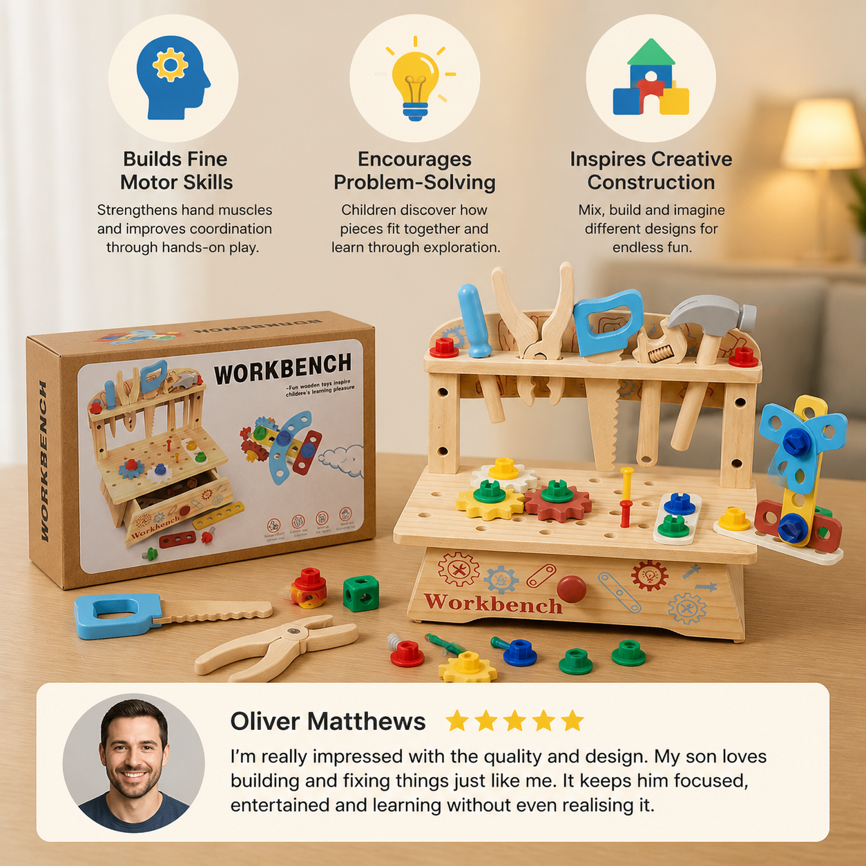 Wooden Kids Workbench & Tool Set – DIY Construction & Fine Motor Skills Learning Toy