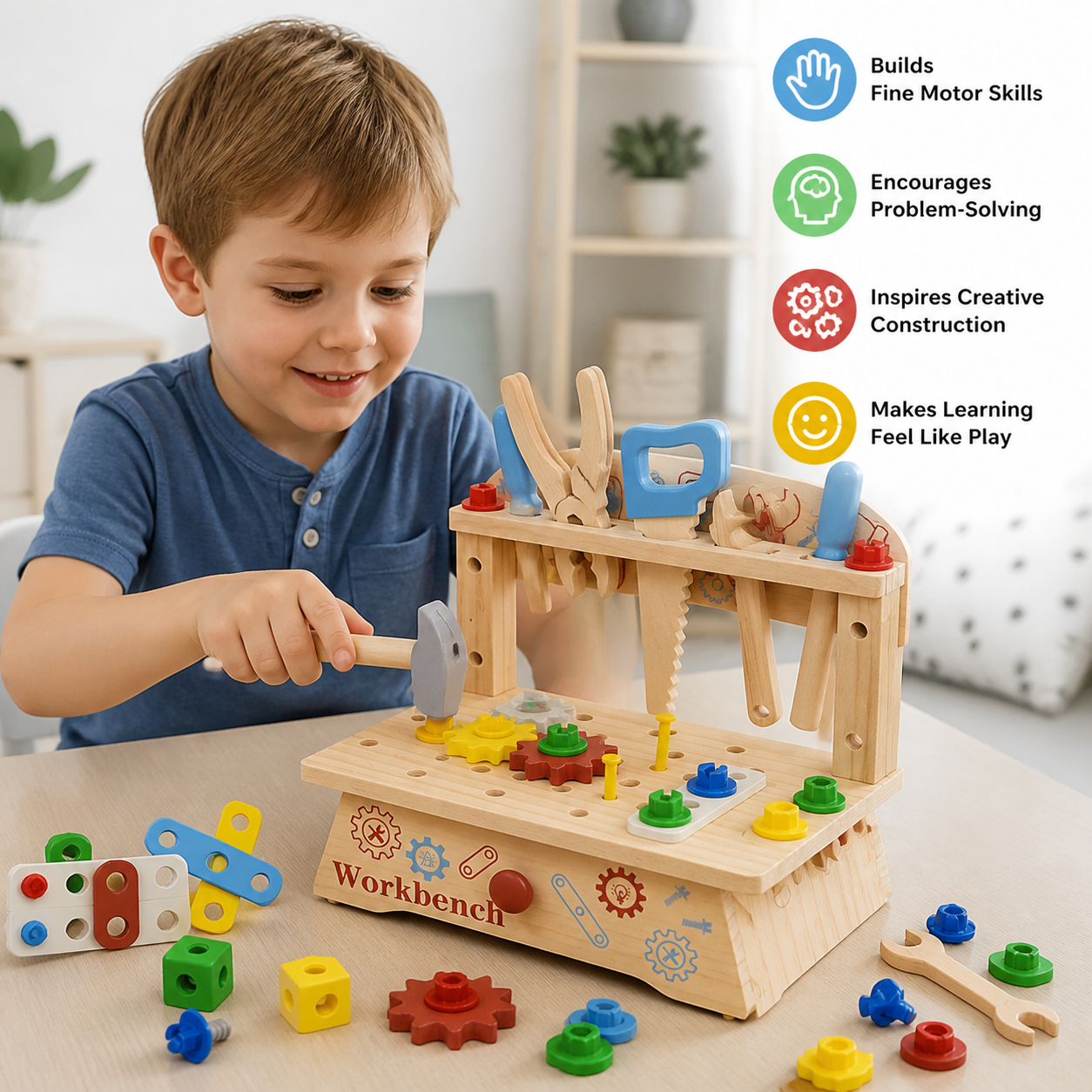 Wooden Kids Workbench & Tool Set – DIY Construction & Fine Motor Skills Learning Toy