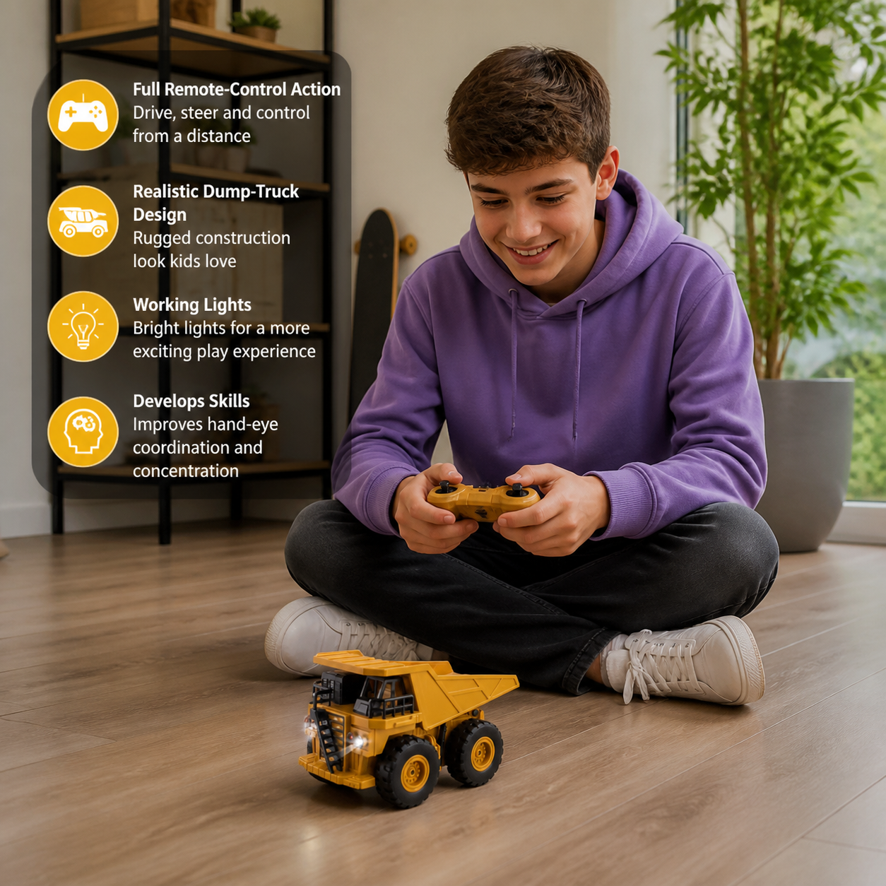 Remote-Controlled Dump Truck with Lights – Construction Vehicle Toy