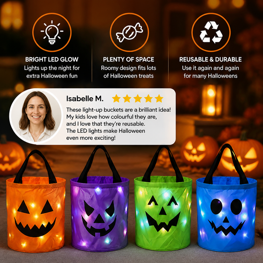 LED Halloween Trick-or-Treat Candy Bucket – Reusable Light-Up Tote Bag