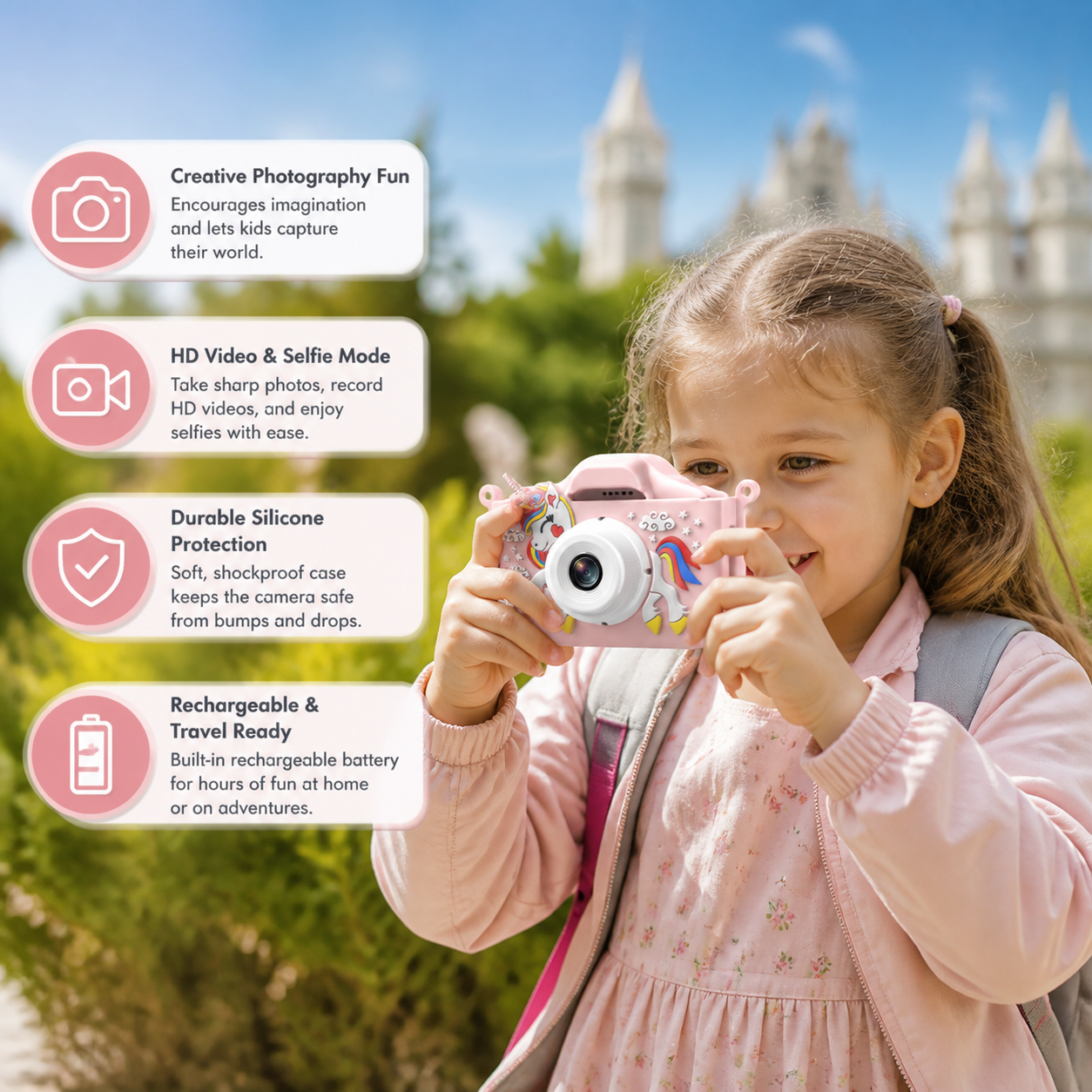 Rechargeable Kids’ Digital Camera with Selfie Mode, HD Video & Silicone Case
