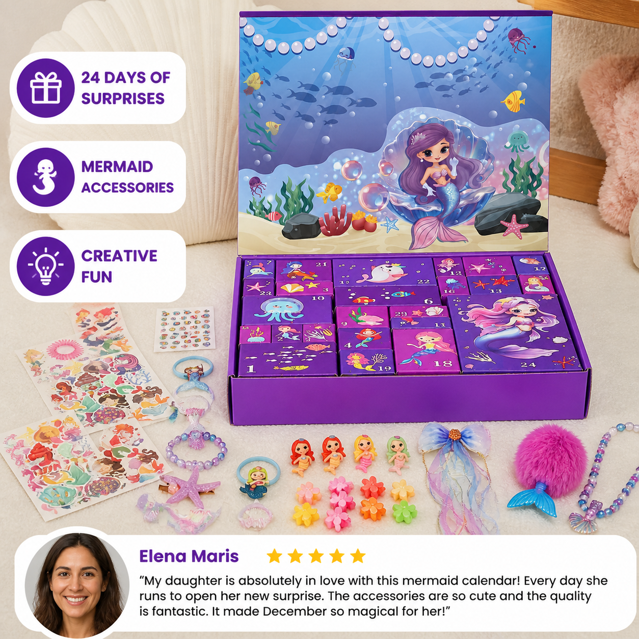 24-Day Mermaid Advent Calendar with Hair Accessories, Stickers & Surprise Gifts