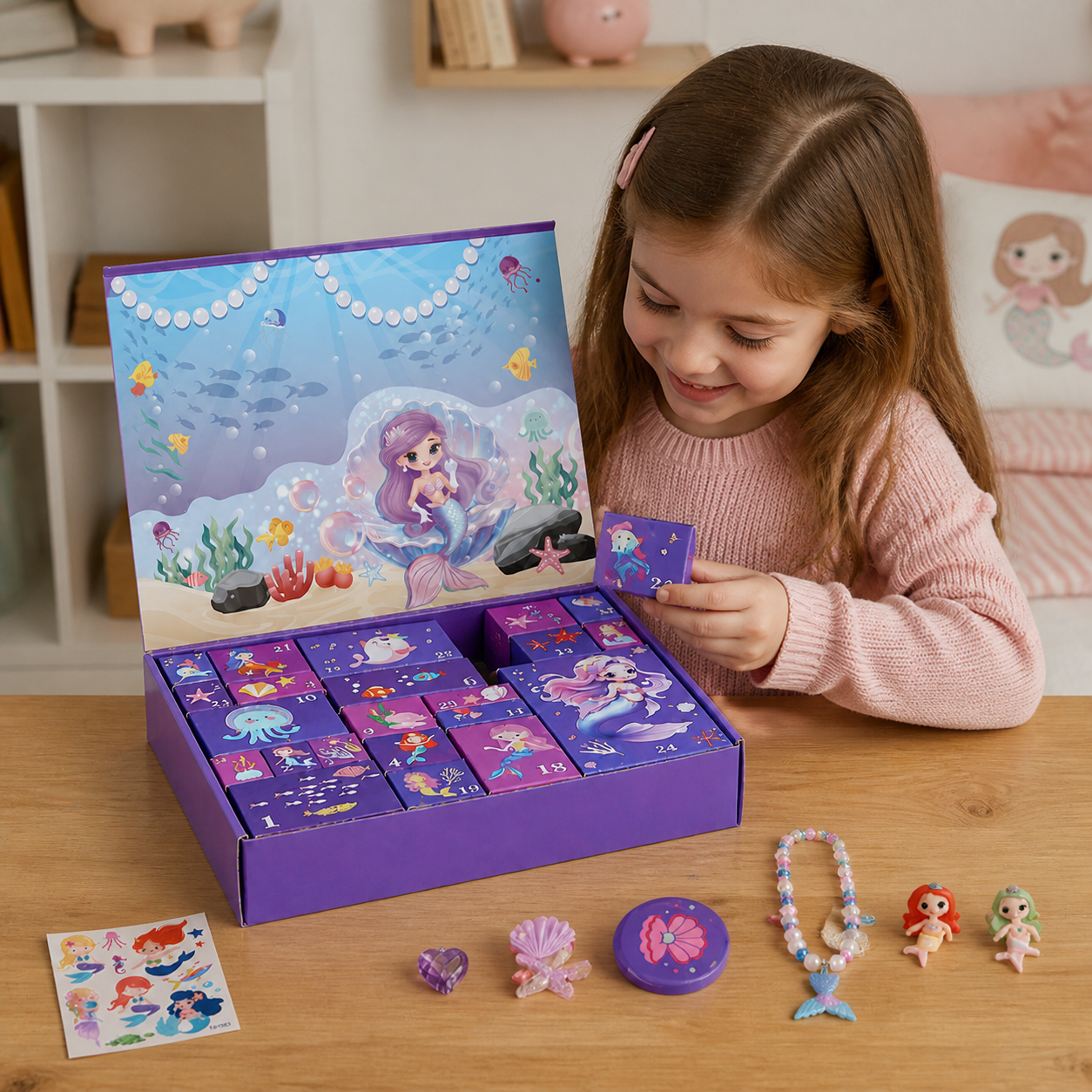 24-Day Mermaid Advent Calendar with Hair Accessories, Stickers & Surprise Gifts
