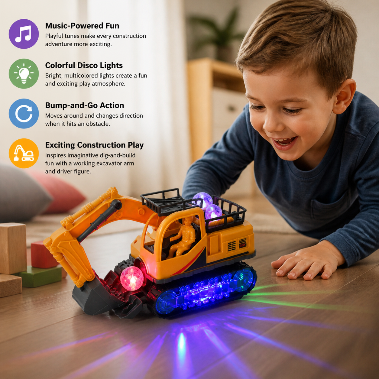 Electric Excavator Toy with Disco Ball, Music & Bump-and-Go Action