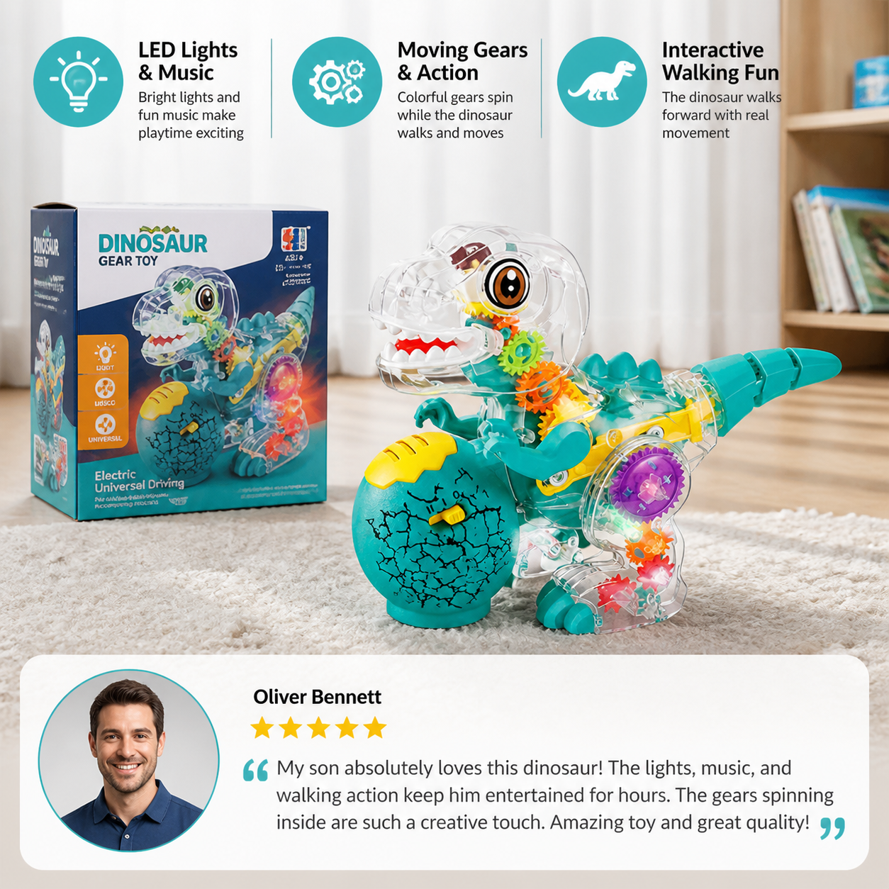 Interactive Light-Up Gear Dinosaur Toy with Music & Walking Action
