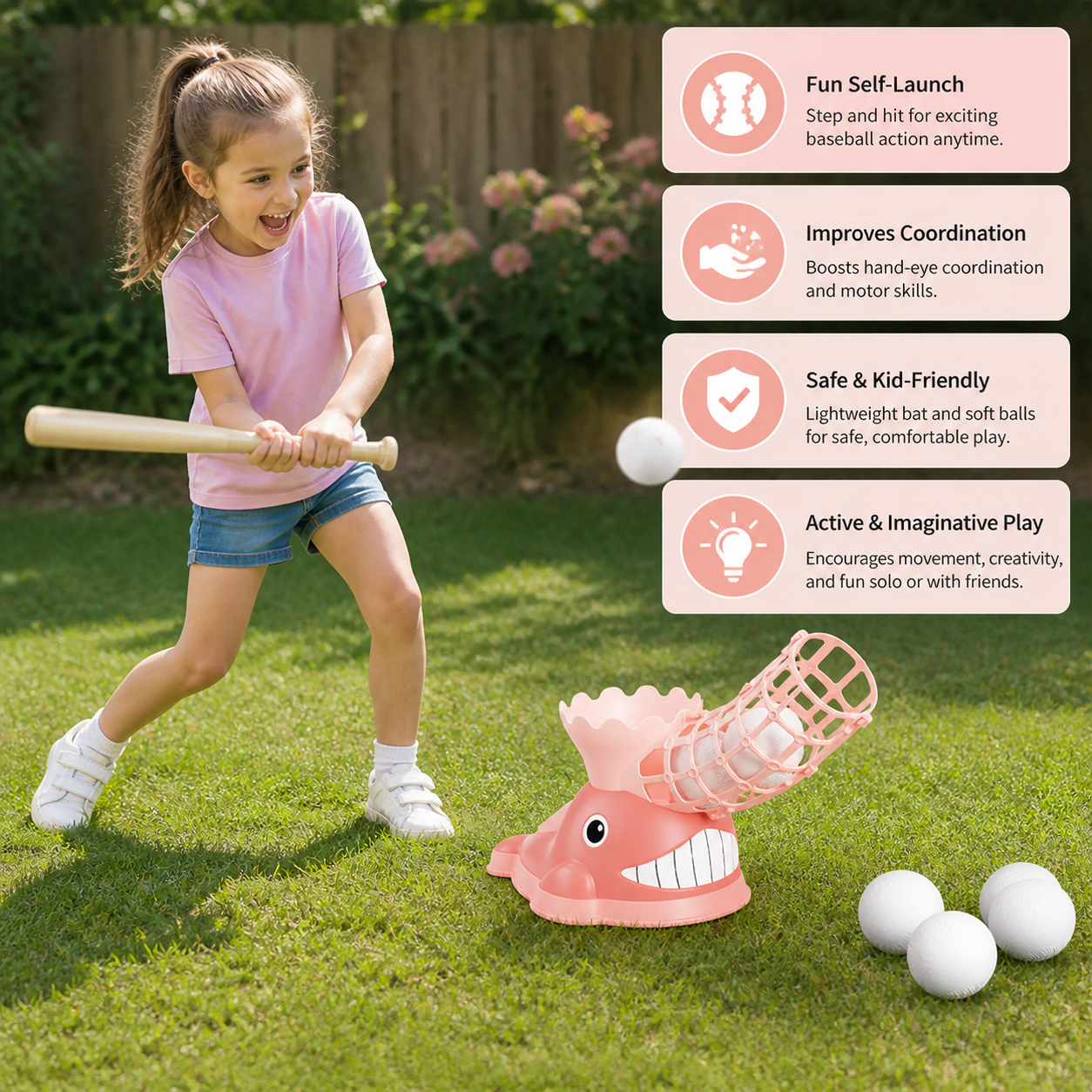 Step-On Baseball Pitching Machine with Bat & Balls for Kids