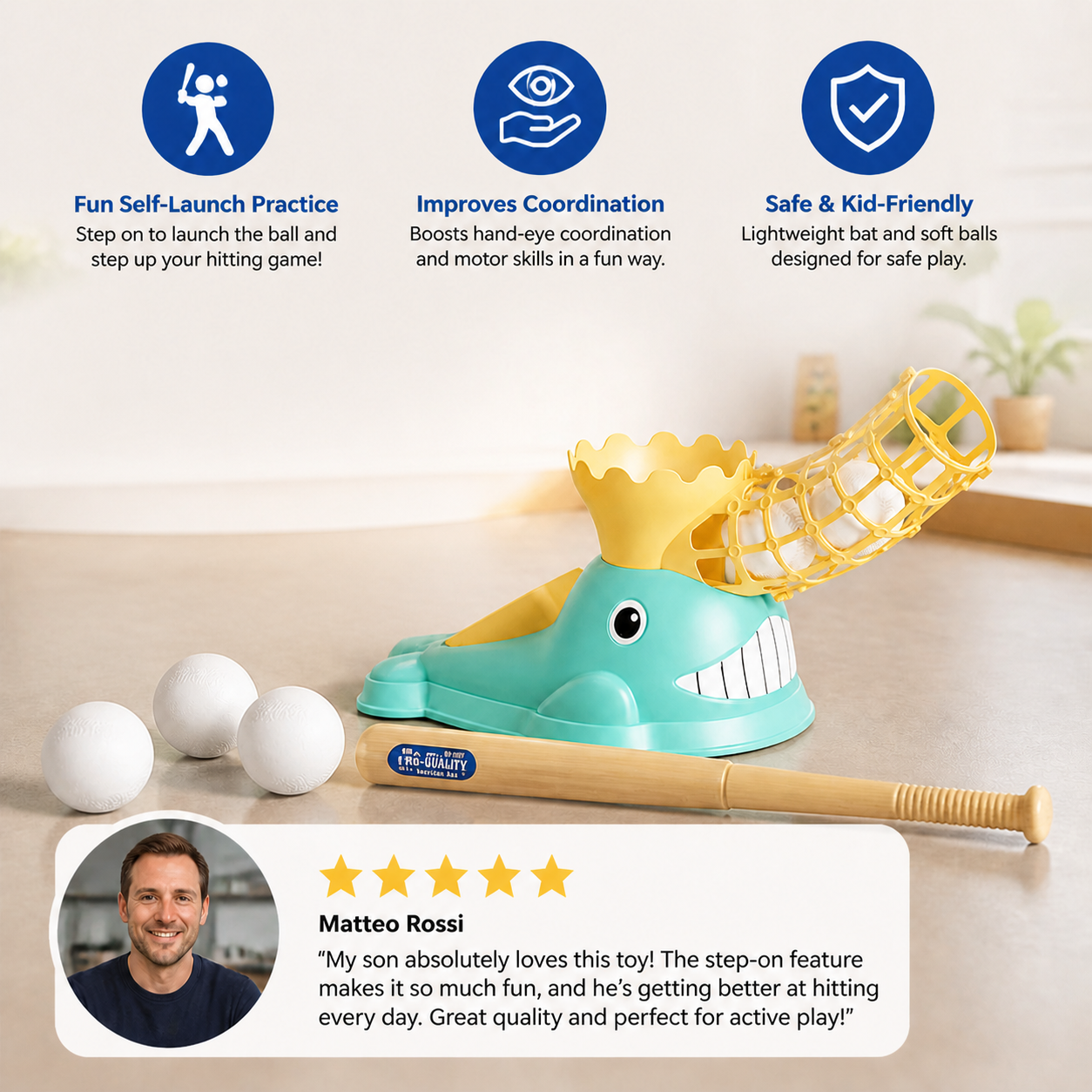 Step-On Baseball Pitching Machine with Bat & Balls for Kids
