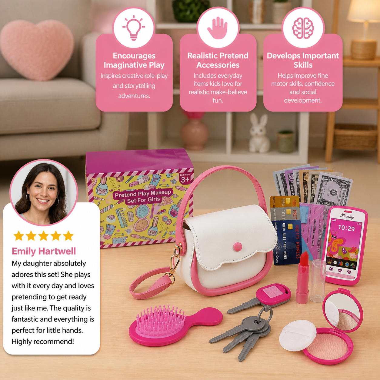 Kids Pretend Play Handbag Set with Phone, Makeup & Accessories