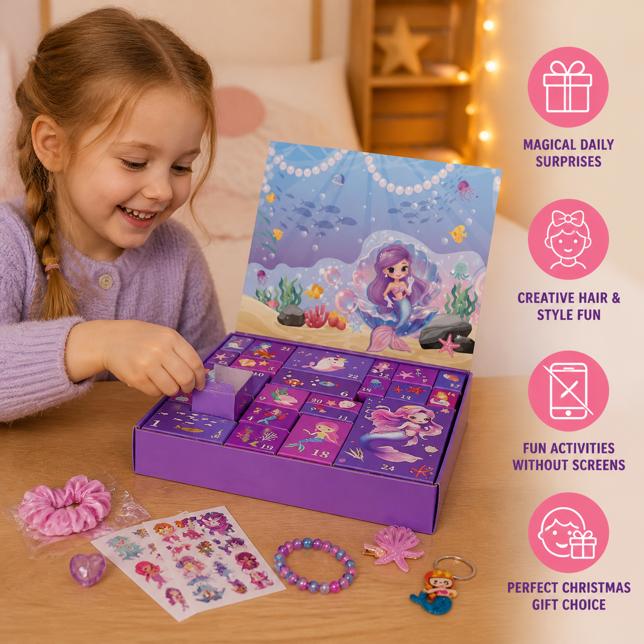 24-Day Mermaid Advent Calendar with Hair Accessories, Stickers & Surprise Gifts