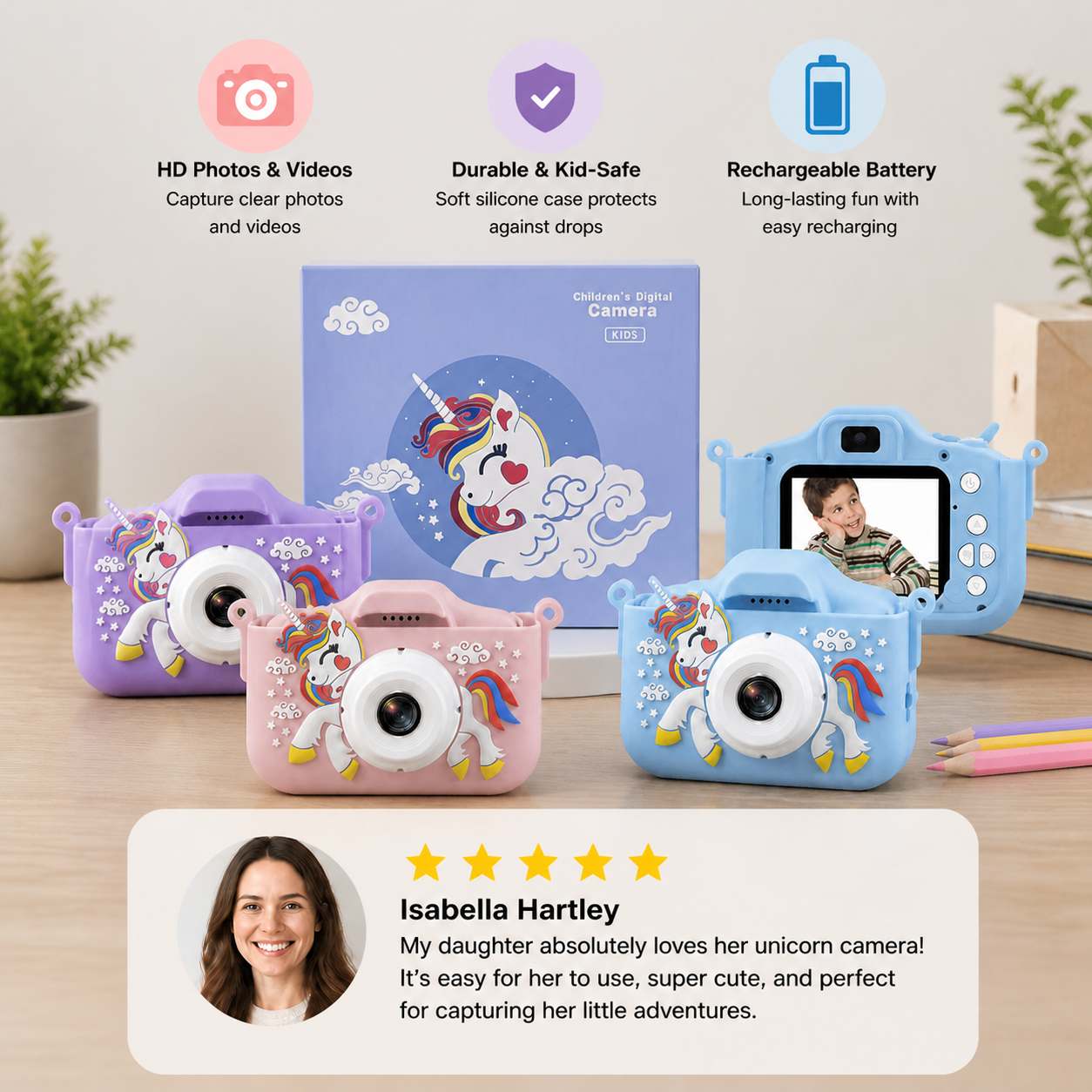 Rechargeable Kids’ Digital Camera with Selfie Mode, HD Video & Silicone Case