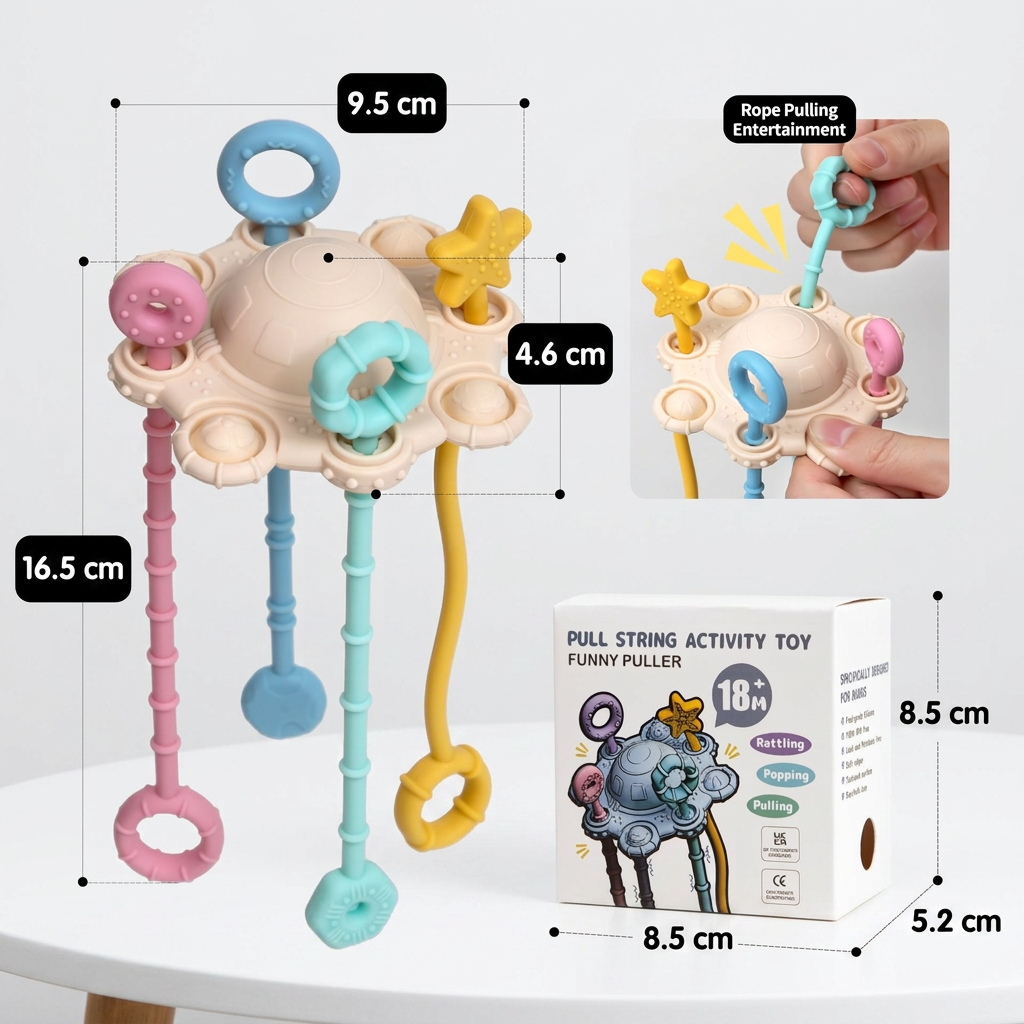Montessori Sensory Pull & Explore Teething Toy – Silicone Pull Cord for Tactile Learning & Gum Relief