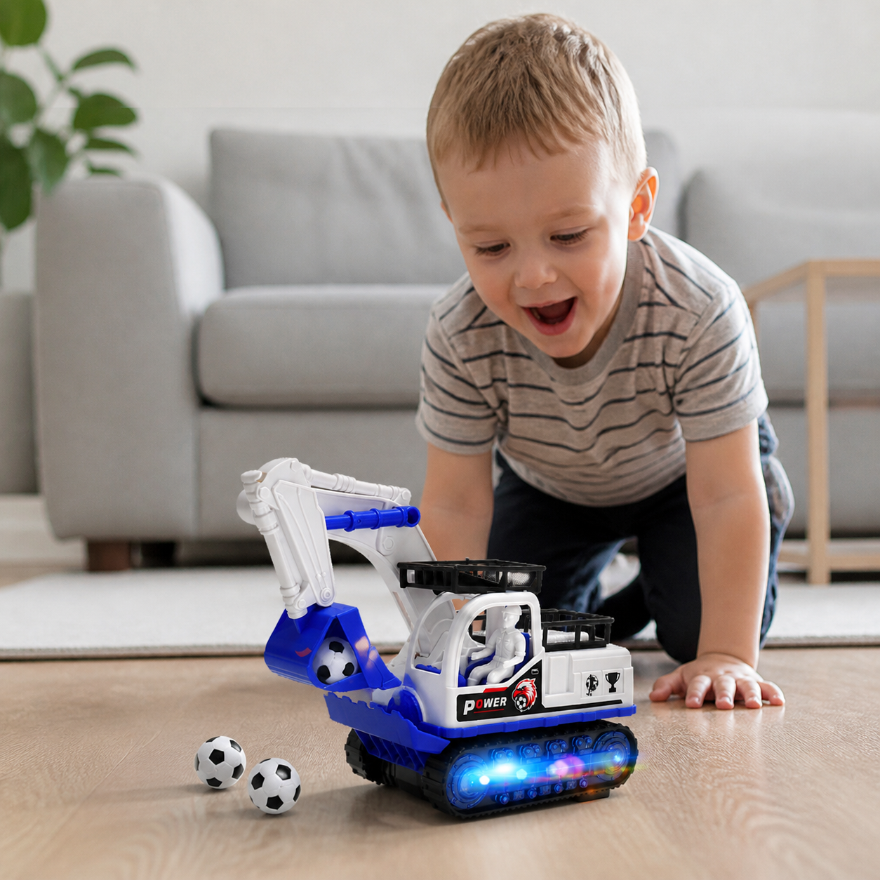 Musical Excavator Toy with Automatic Soccer Ball Scooping & LED Lights