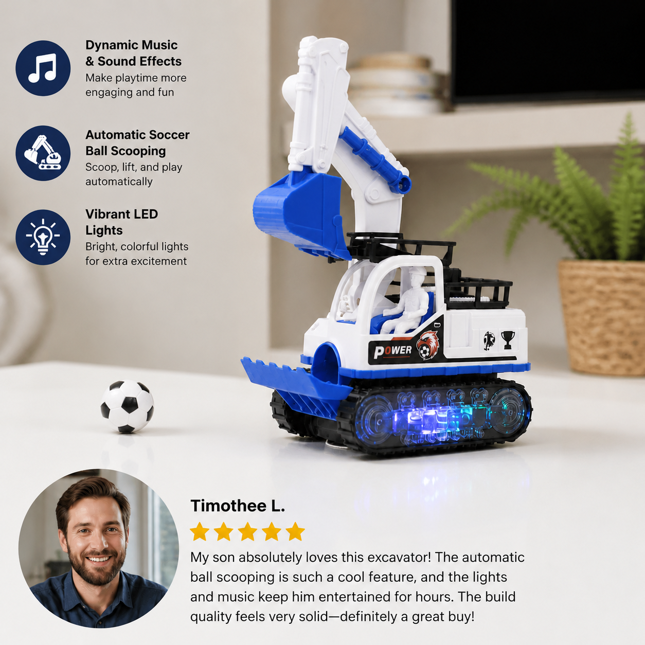 Musical Excavator Toy with Automatic Soccer Ball Scooping & LED Lights