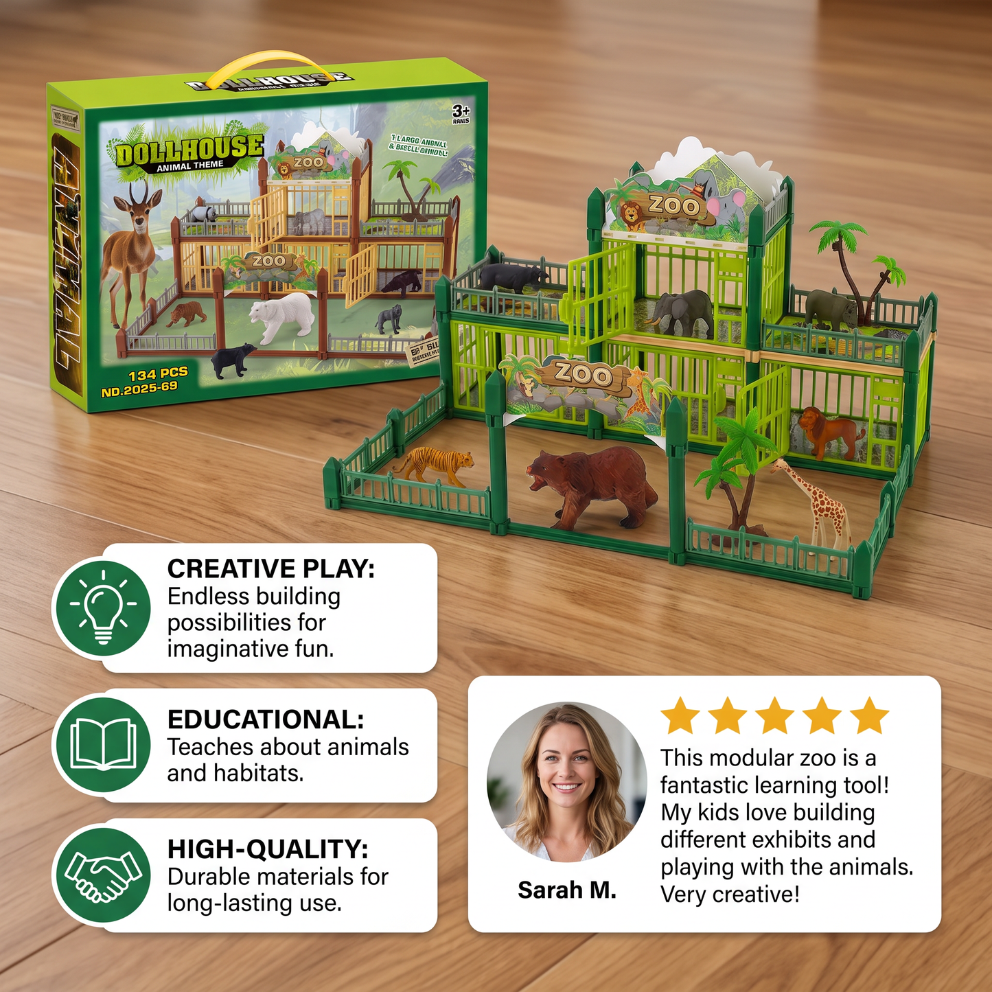 Modular Build-Your-Own Zoo Playset with Animal Figures & Interactive Cages