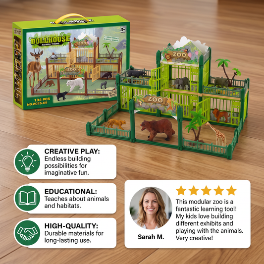 Modular Build-Your-Own Zoo Playset with Animal Figures & Interactive Cages