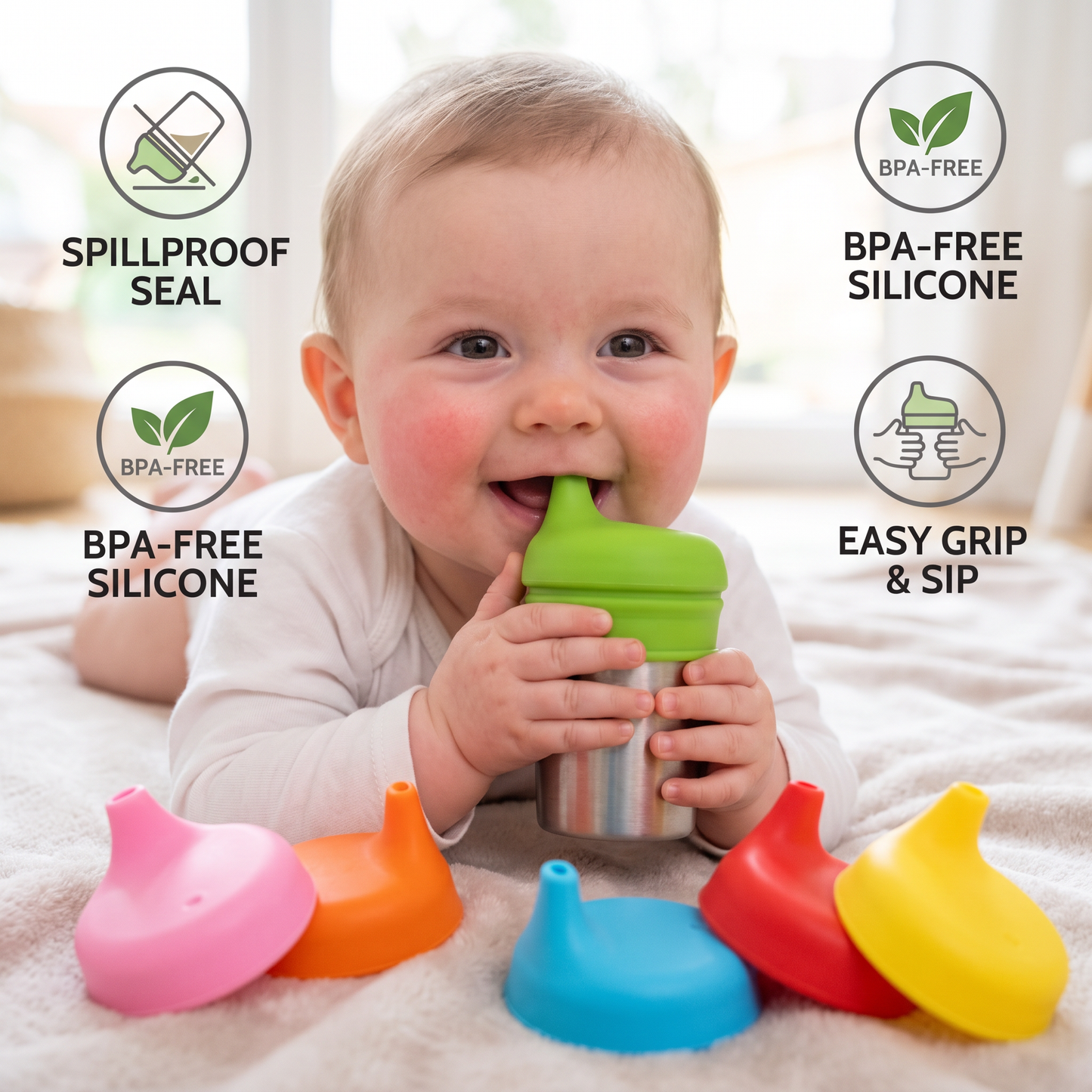 BPA-Free Spillproof Silicone Sippy Cup Lids with Straw