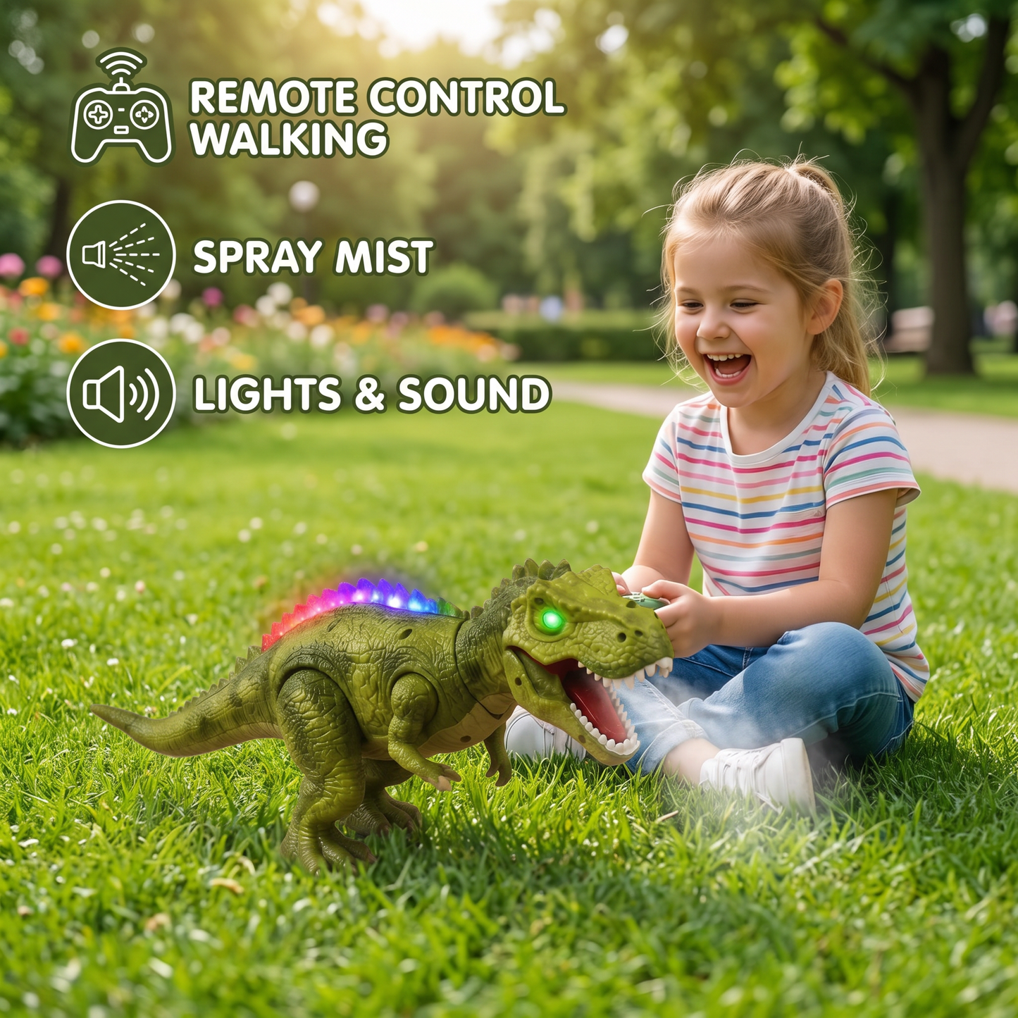 Remote Control Walking T-Rex – RC Dinosaur with Spray Mist, Lights & Sound