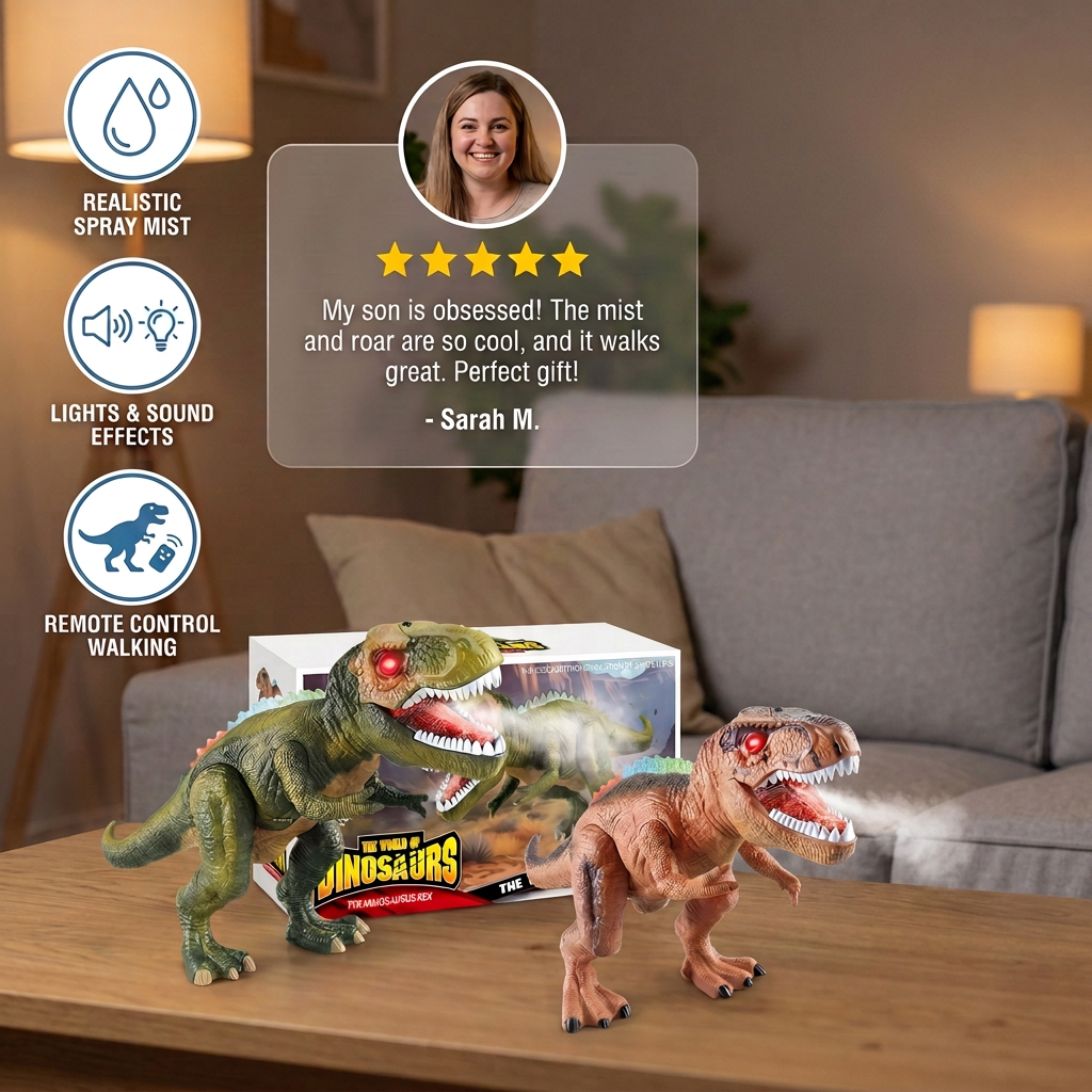 Remote Control Walking T-Rex – RC Dinosaur with Spray Mist, Lights & Sound