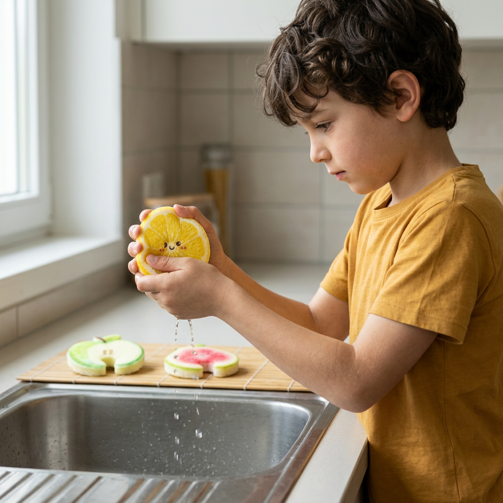 Fruit-Shaped Pop-Up Cellulose Sponges – 3-Pack of Plant-Based, Non-Scratch Kitchen Sponges