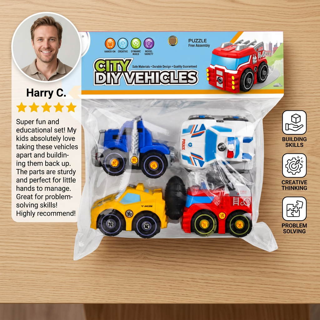 4-Piece DIY Take-Apart City Vehicle Set with Toy Drill