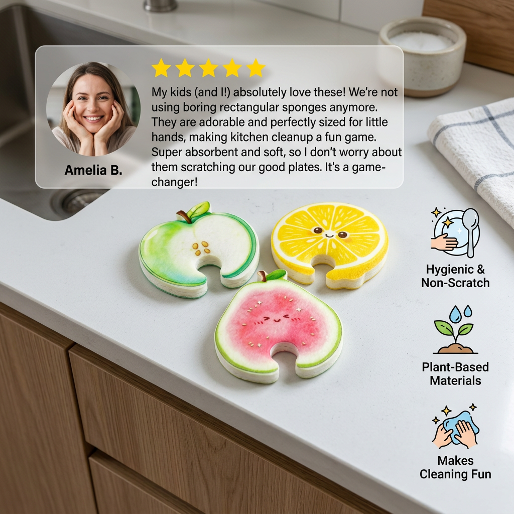 Fruit-Shaped Pop-Up Cellulose Sponges – 3-Pack of Plant-Based, Non-Scratch Kitchen Sponges