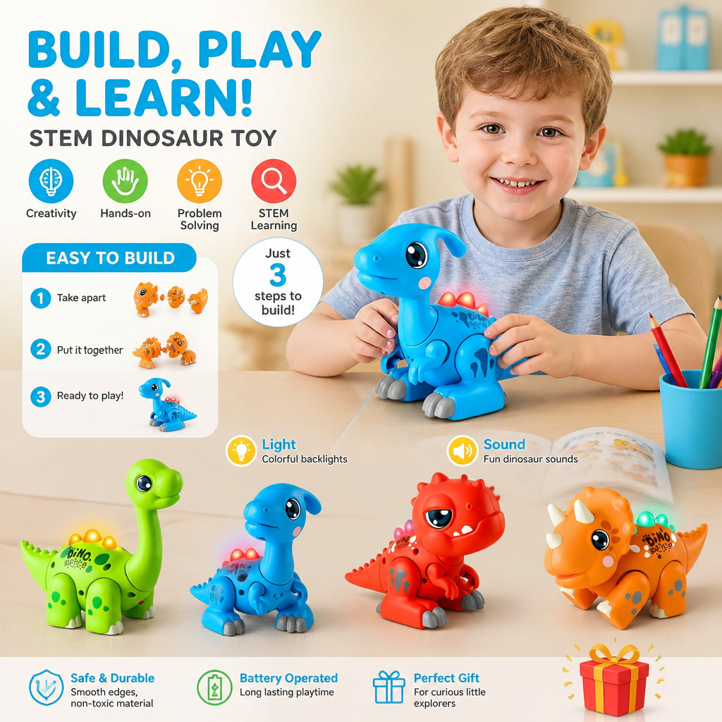 Easy-Assembly STEM Learning Dinosaur Toy with Lights & Sounds